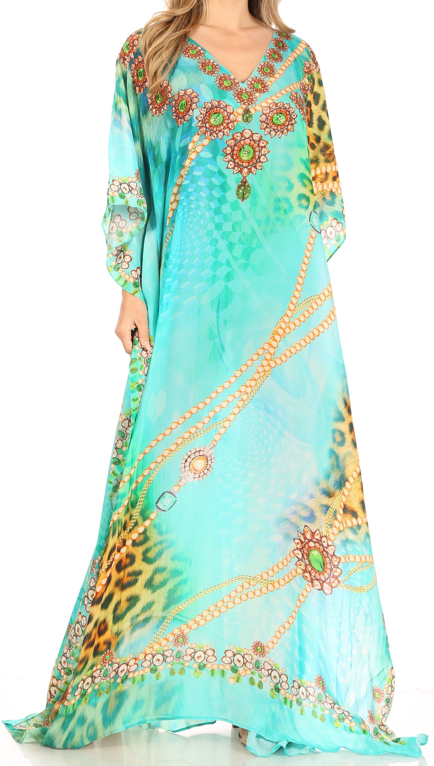 Sakkas Anahi Flowy Design V Neck Long Caftan Dress / Cover Up With Rhinestone - Concordia Style Boutique