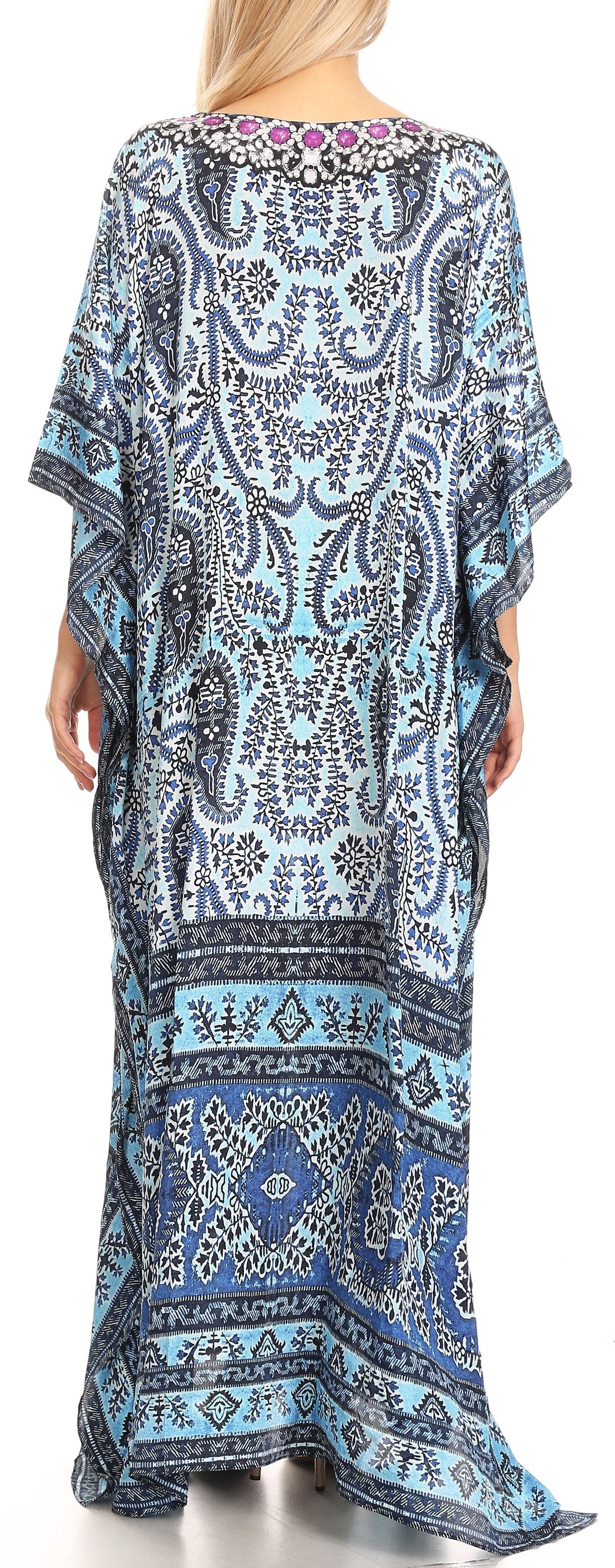 Sakkas Anahi Flowy Design V Neck Long Caftan Dress / Cover Up With Rhinestone - Concordia Style Boutique