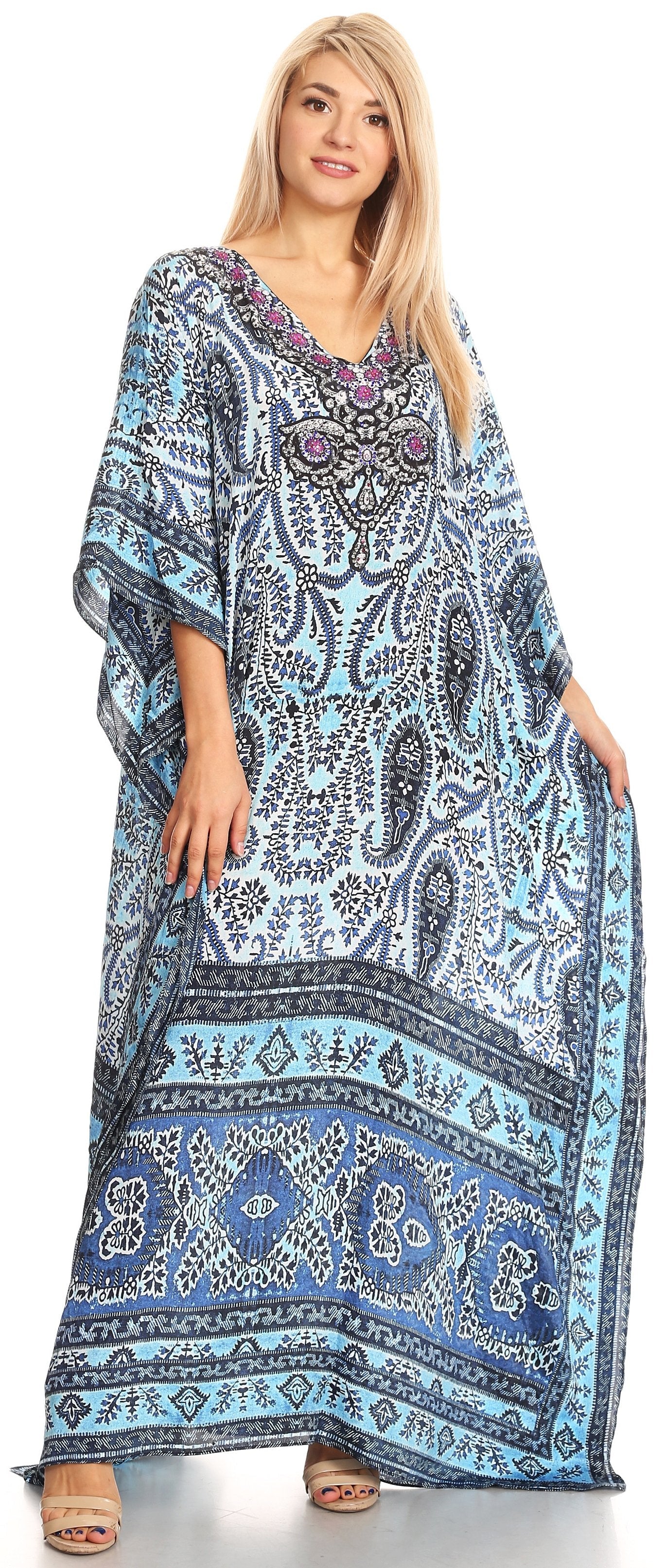 Sakkas Anahi Flowy Design V Neck Long Caftan Dress / Cover Up With Rhinestone - Concordia Style Boutique