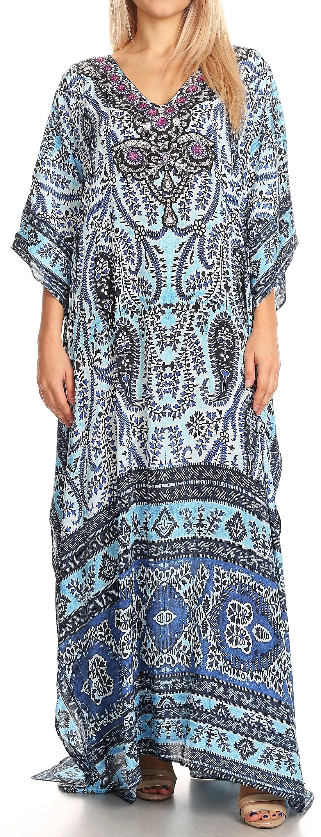 Sakkas Anahi Flowy Design V Neck Long Caftan Dress / Cover Up With Rhinestone - Concordia Style Boutique