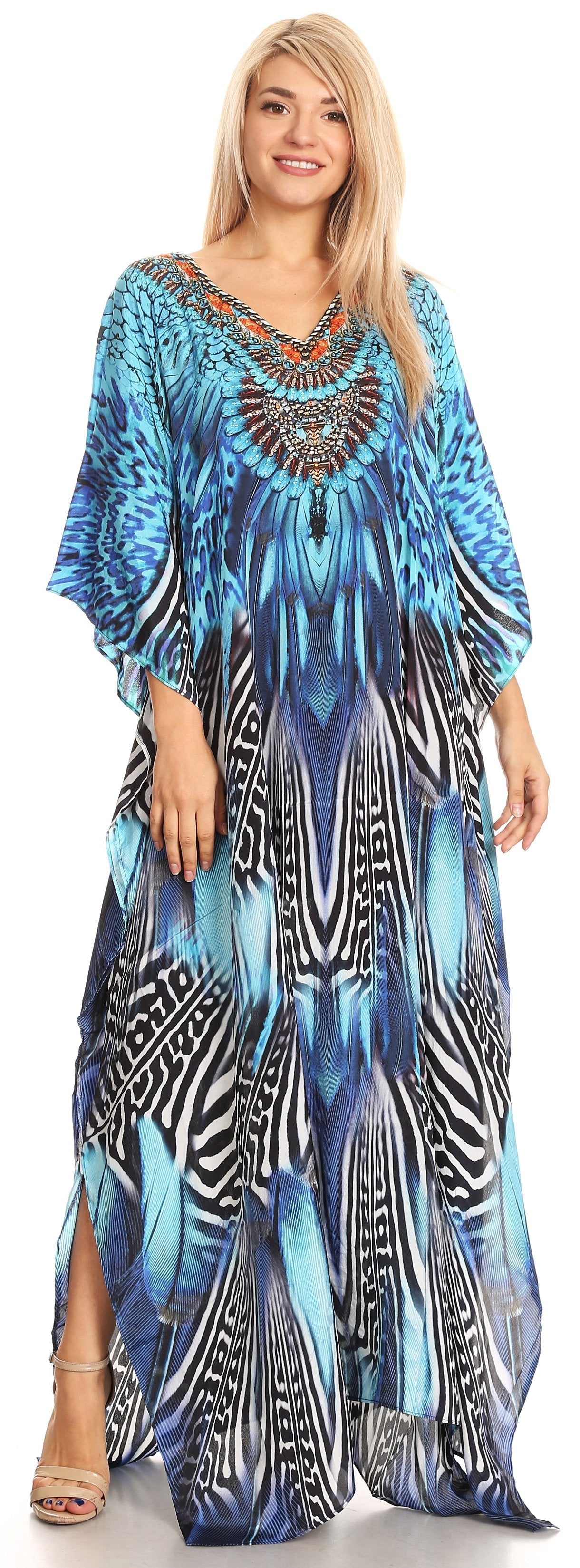 Sakkas Anahi Flowy Design V Neck Long Caftan Dress / Cover Up With Rhinestone - Concordia Style Boutique