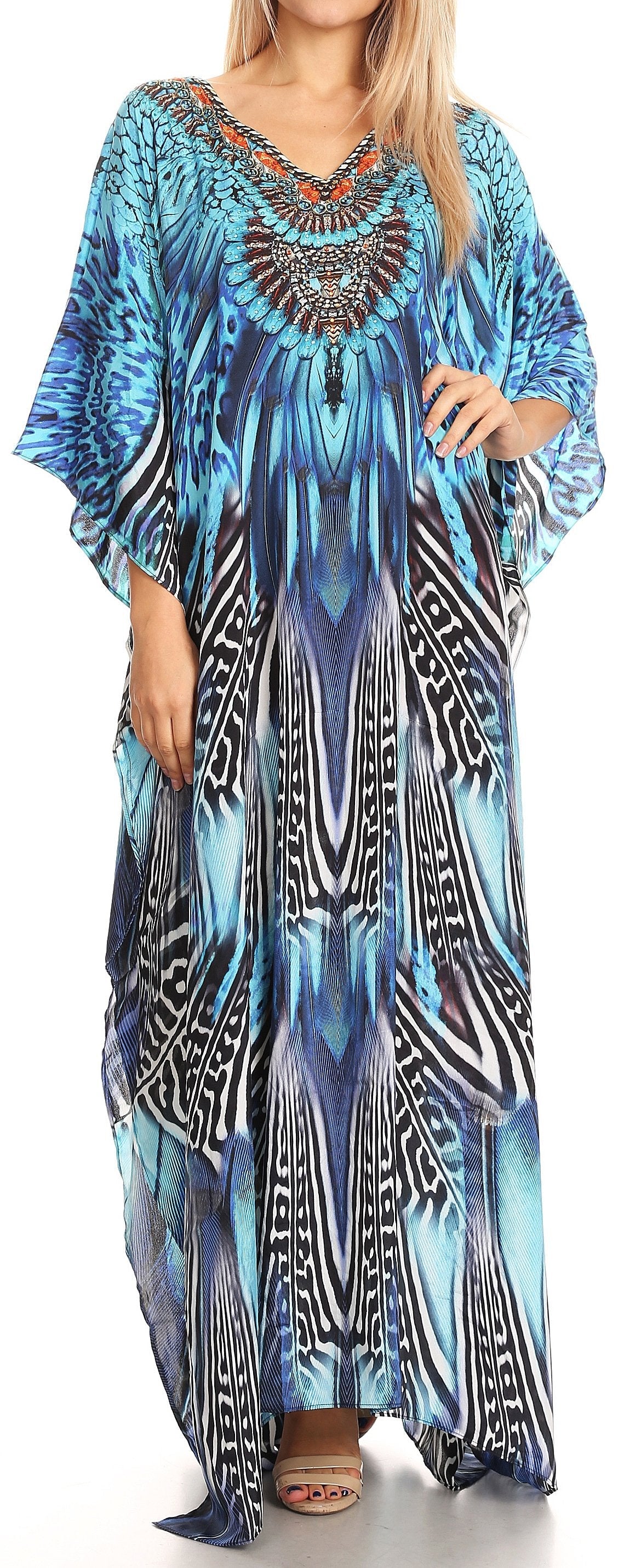 Sakkas Anahi Flowy Design V Neck Long Caftan Dress / Cover Up With Rhinestone - Concordia Style Boutique