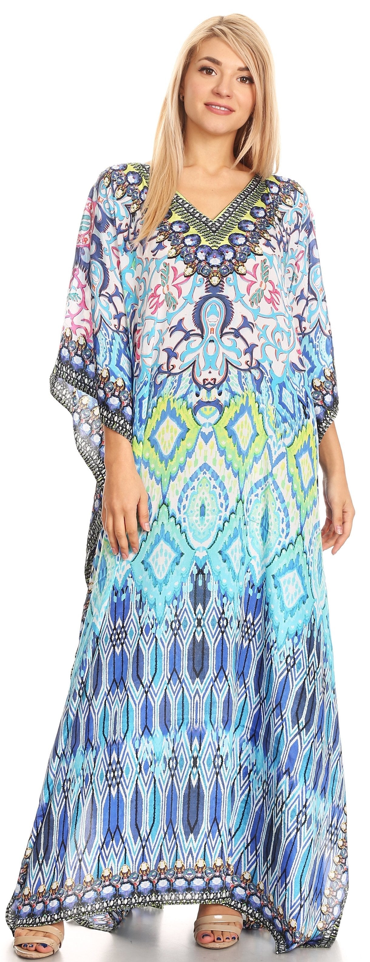 Sakkas Anahi Flowy Design V Neck Long Caftan Dress / Cover Up With Rhinestone - Concordia Style Boutique
