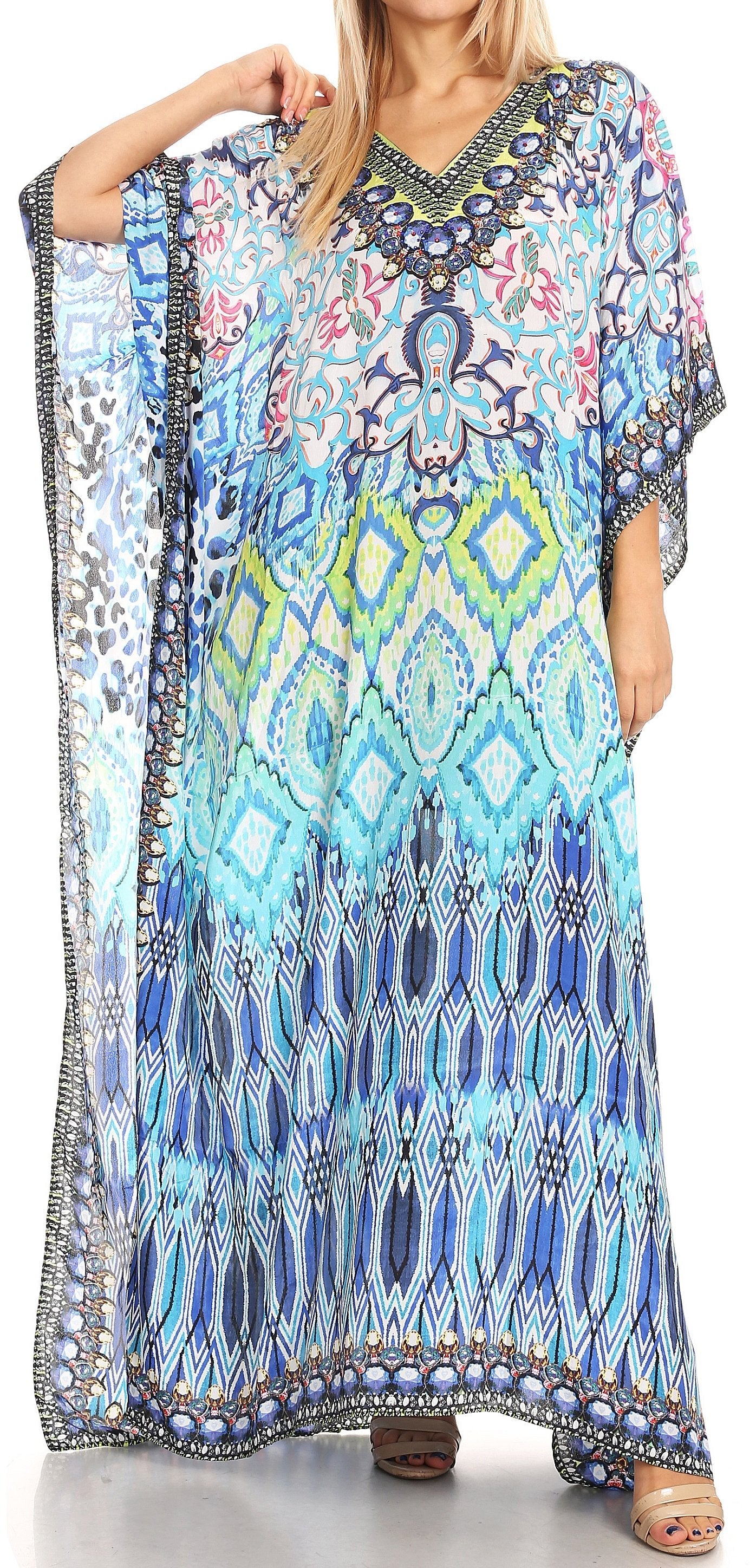 Sakkas Anahi Flowy Design V Neck Long Caftan Dress / Cover Up With Rhinestone - Concordia Style Boutique