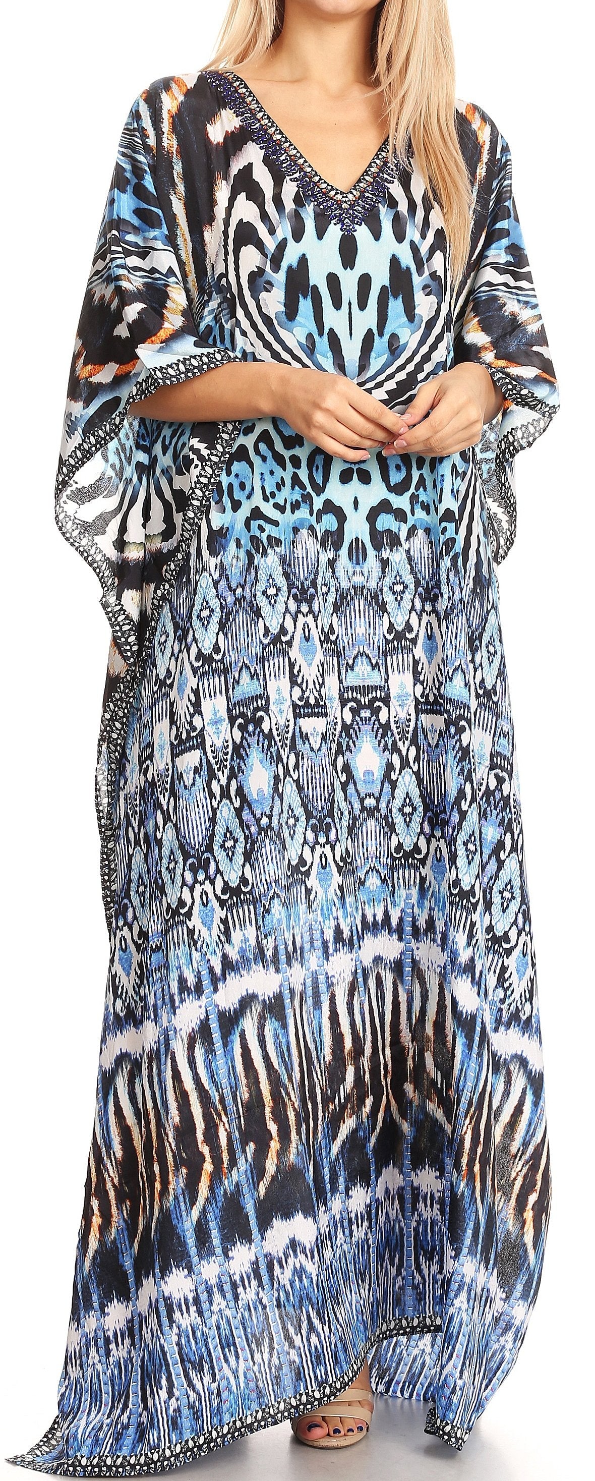Sakkas Anahi Flowy Design V Neck Long Caftan Dress / Cover Up With Rhinestone - Concordia Style Boutique