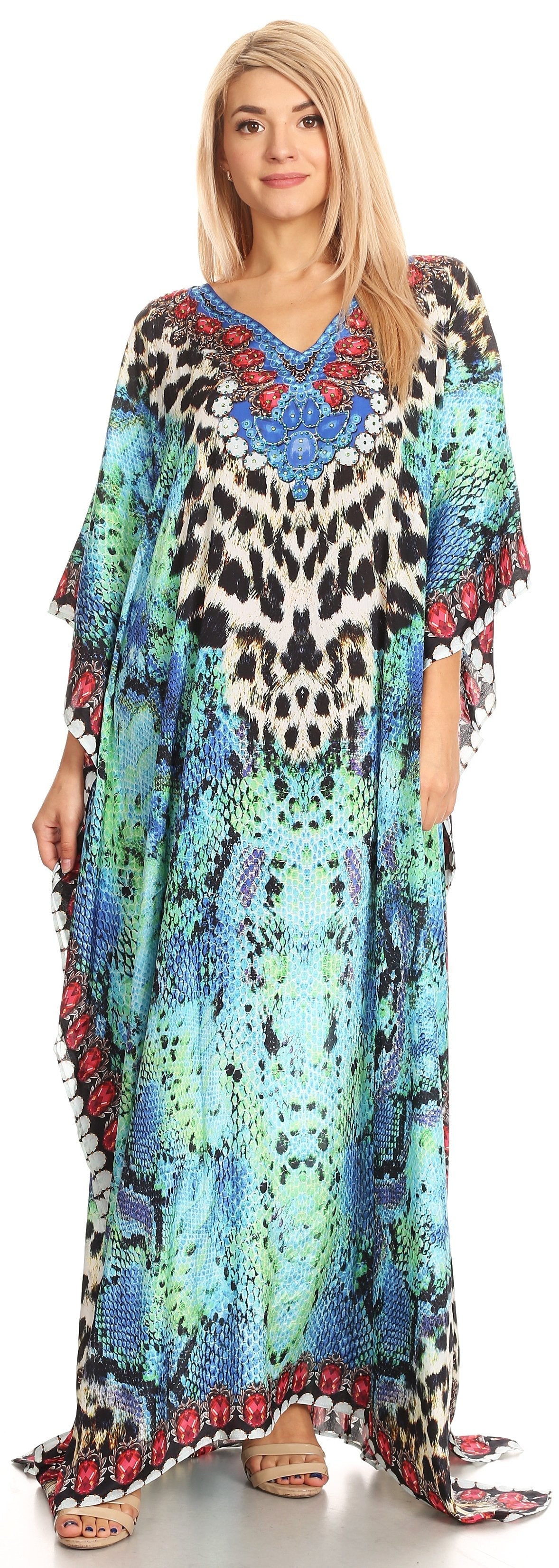 Sakkas Anahi Flowy Design V Neck Long Caftan Dress / Cover Up With Rhinestone - Concordia Style Boutique