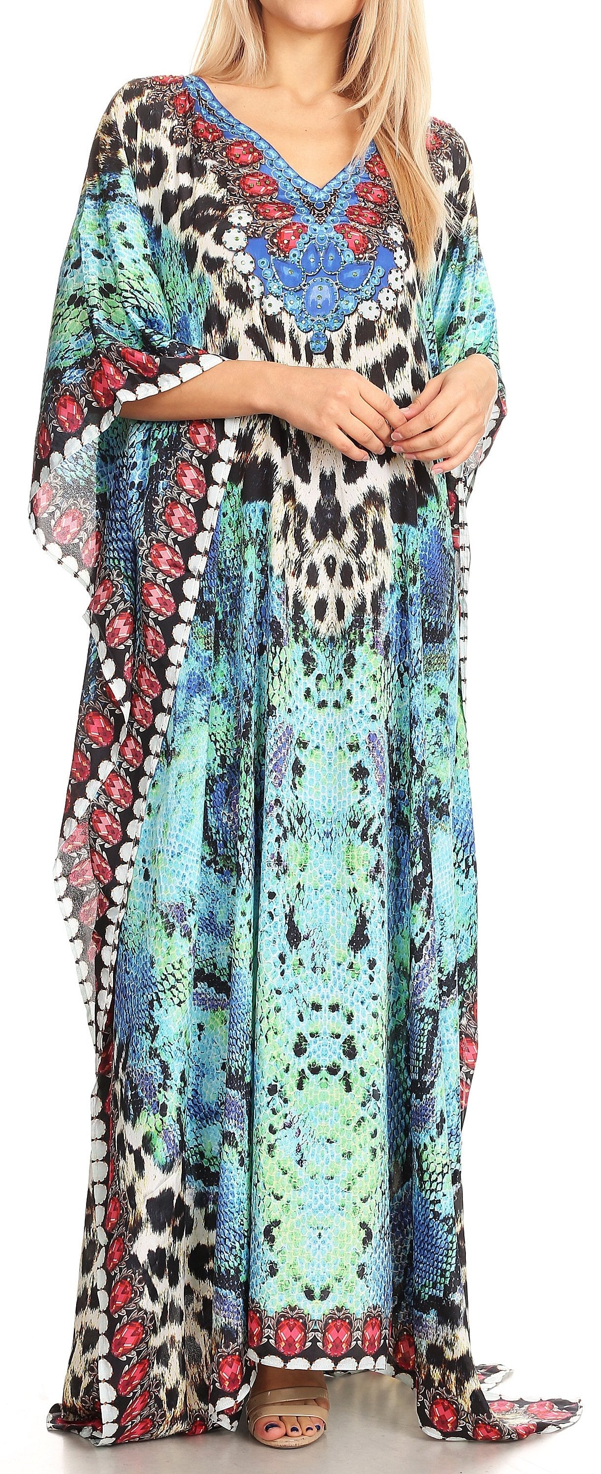 Sakkas Anahi Flowy Design V Neck Long Caftan Dress / Cover Up With Rhinestone - Concordia Style Boutique