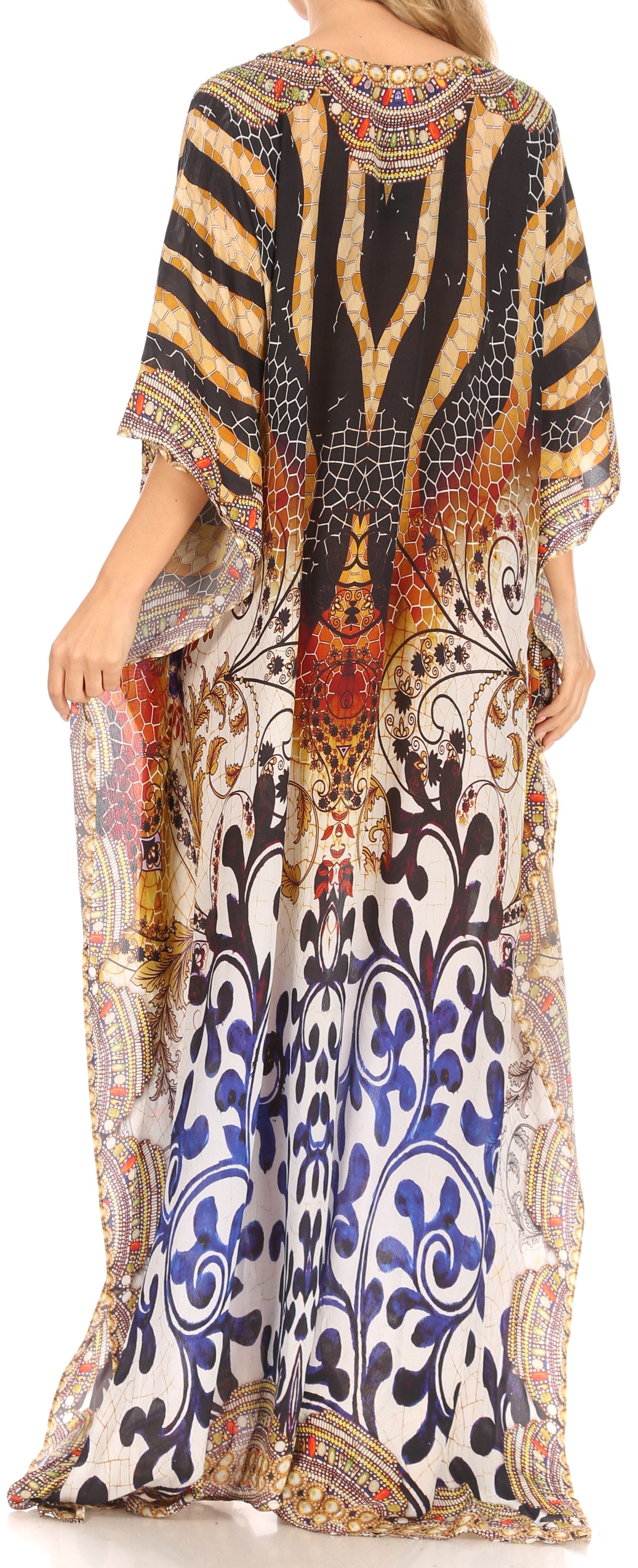 Sakkas Anahi Flowy Design V Neck Long Caftan Dress / Cover Up With Rhinestone - Concordia Style Boutique