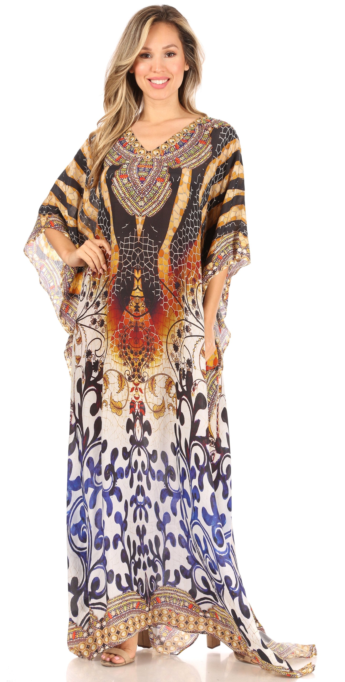 Sakkas Anahi Flowy Design V Neck Long Caftan Dress / Cover Up With Rhinestone - Concordia Style Boutique