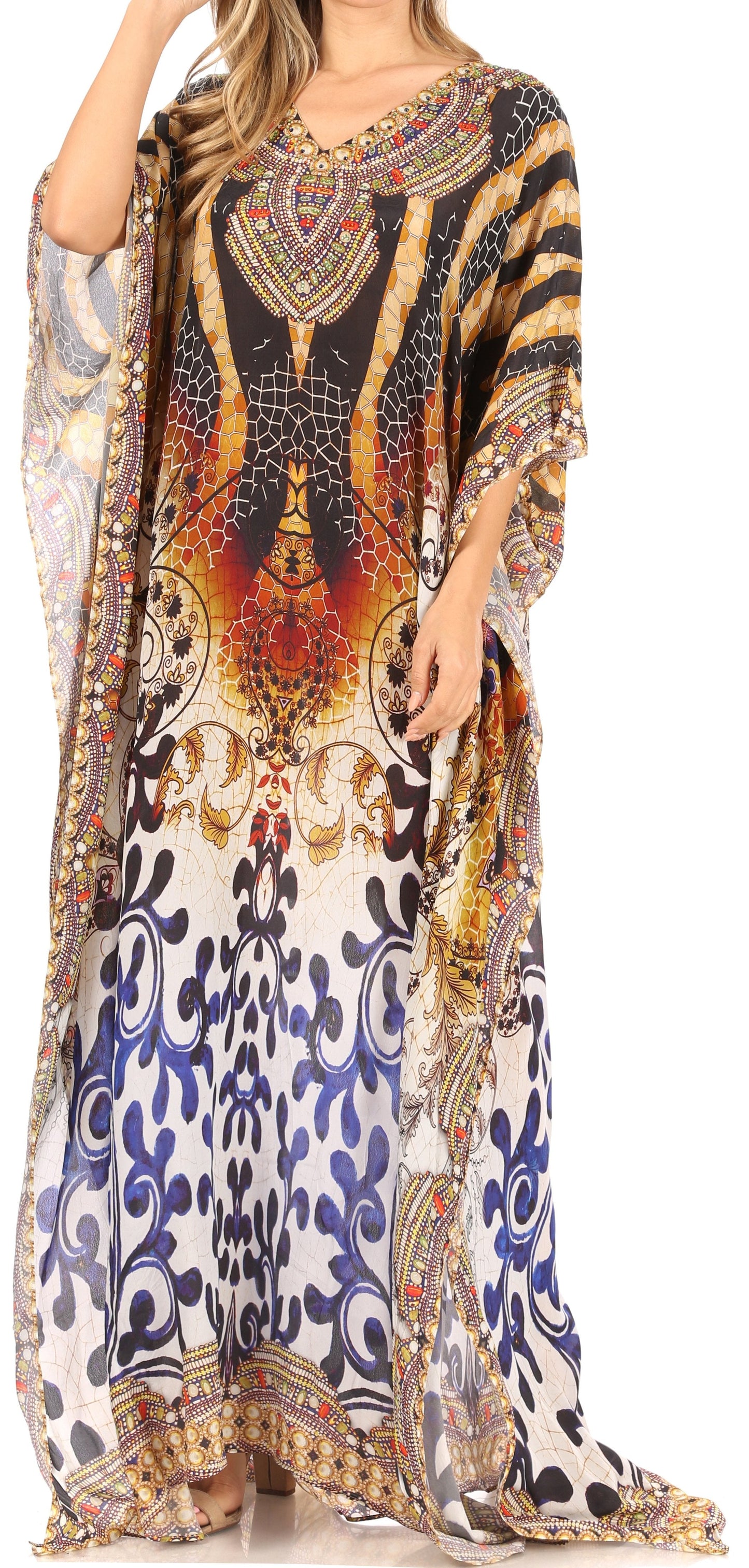 Sakkas Anahi Flowy Design V Neck Long Caftan Dress / Cover Up With Rhinestone - Concordia Style Boutique