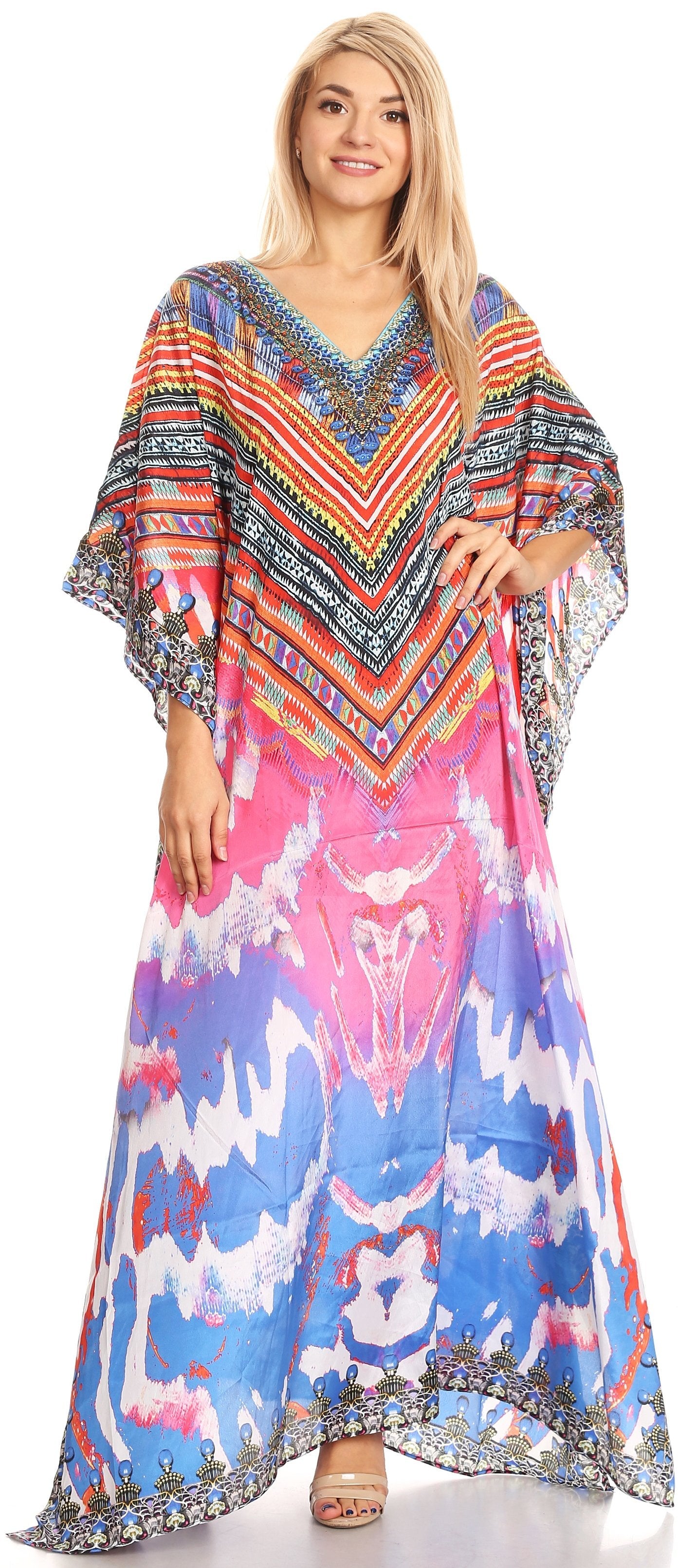 Sakkas Anahi Flowy Design V Neck Long Caftan Dress / Cover Up With Rhinestone - Concordia Style Boutique