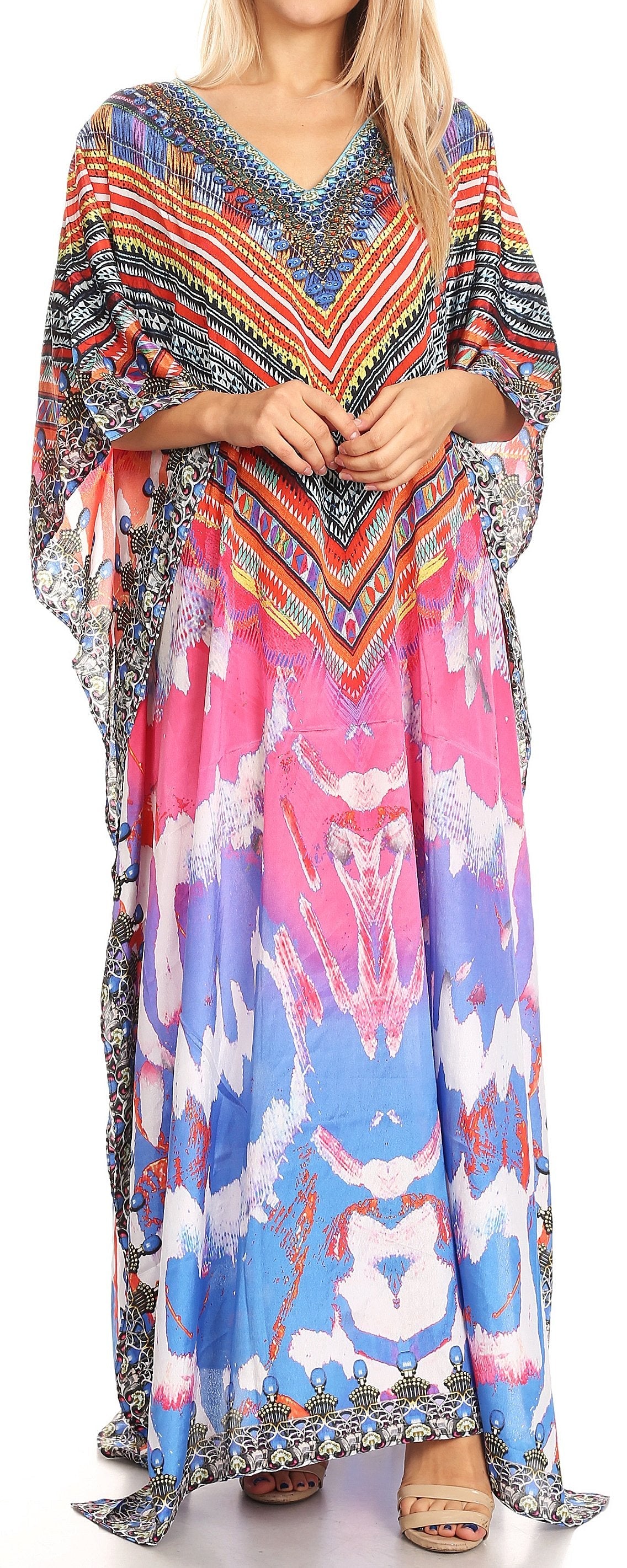 Sakkas Anahi Flowy Design V Neck Long Caftan Dress / Cover Up With Rhinestone - Concordia Style Boutique