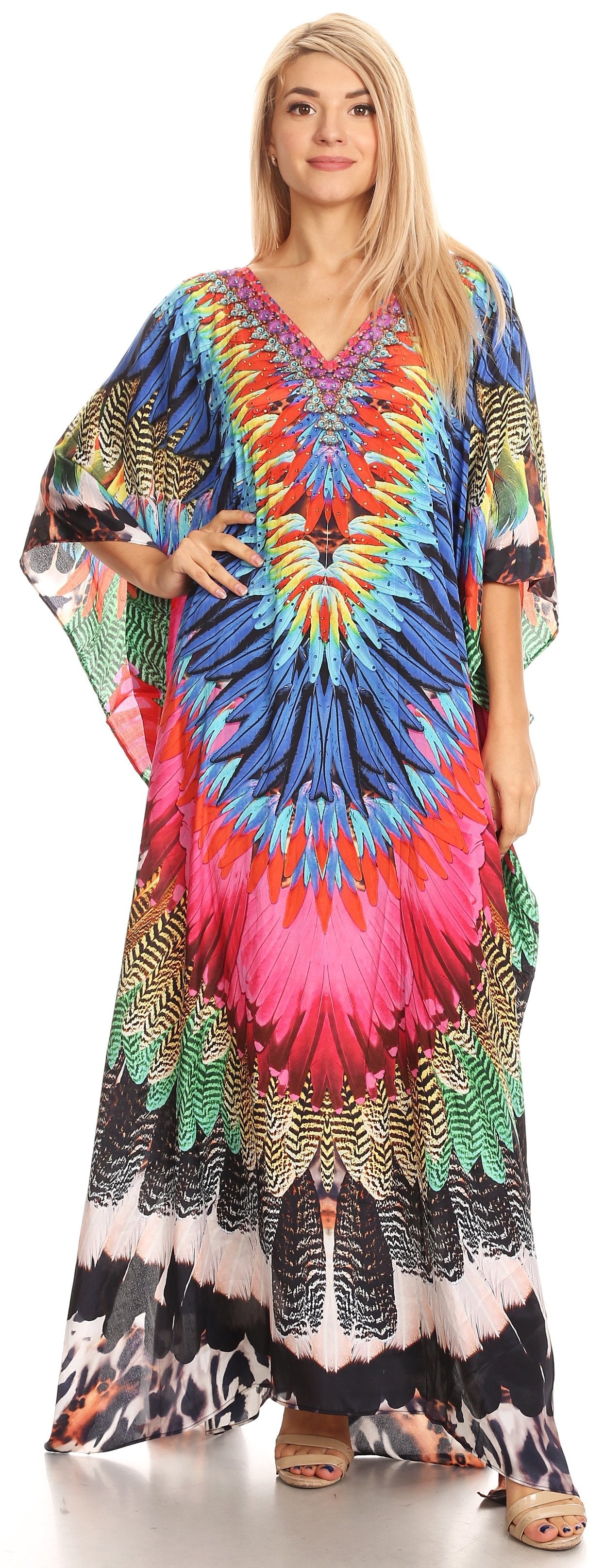 Sakkas Anahi Flowy Design V Neck Long Caftan Dress / Cover Up With Rhinestone - Concordia Style Boutique