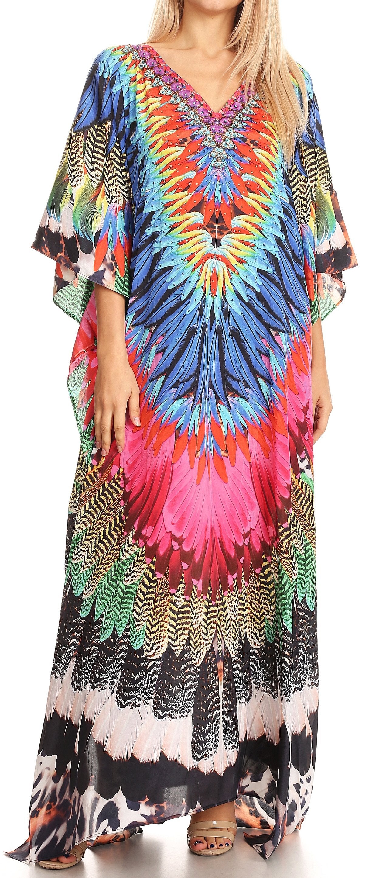 Sakkas Anahi Flowy Design V Neck Long Caftan Dress / Cover Up With Rhinestone - Concordia Style Boutique