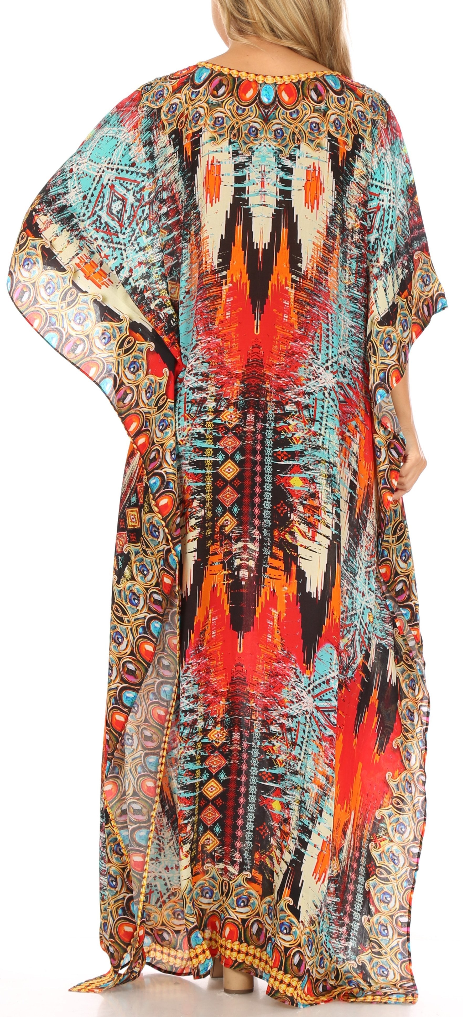 Sakkas Anahi Flowy Design V Neck Long Caftan Dress / Cover Up With Rhinestone - Concordia Style Boutique