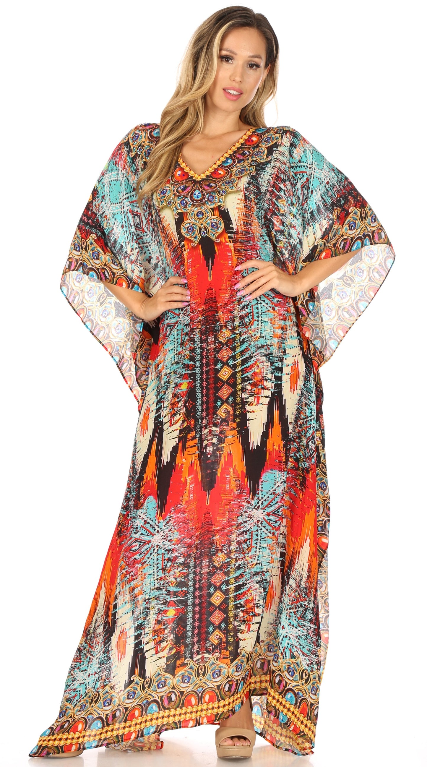 Sakkas Anahi Flowy Design V Neck Long Caftan Dress / Cover Up With Rhinestone - Concordia Style Boutique