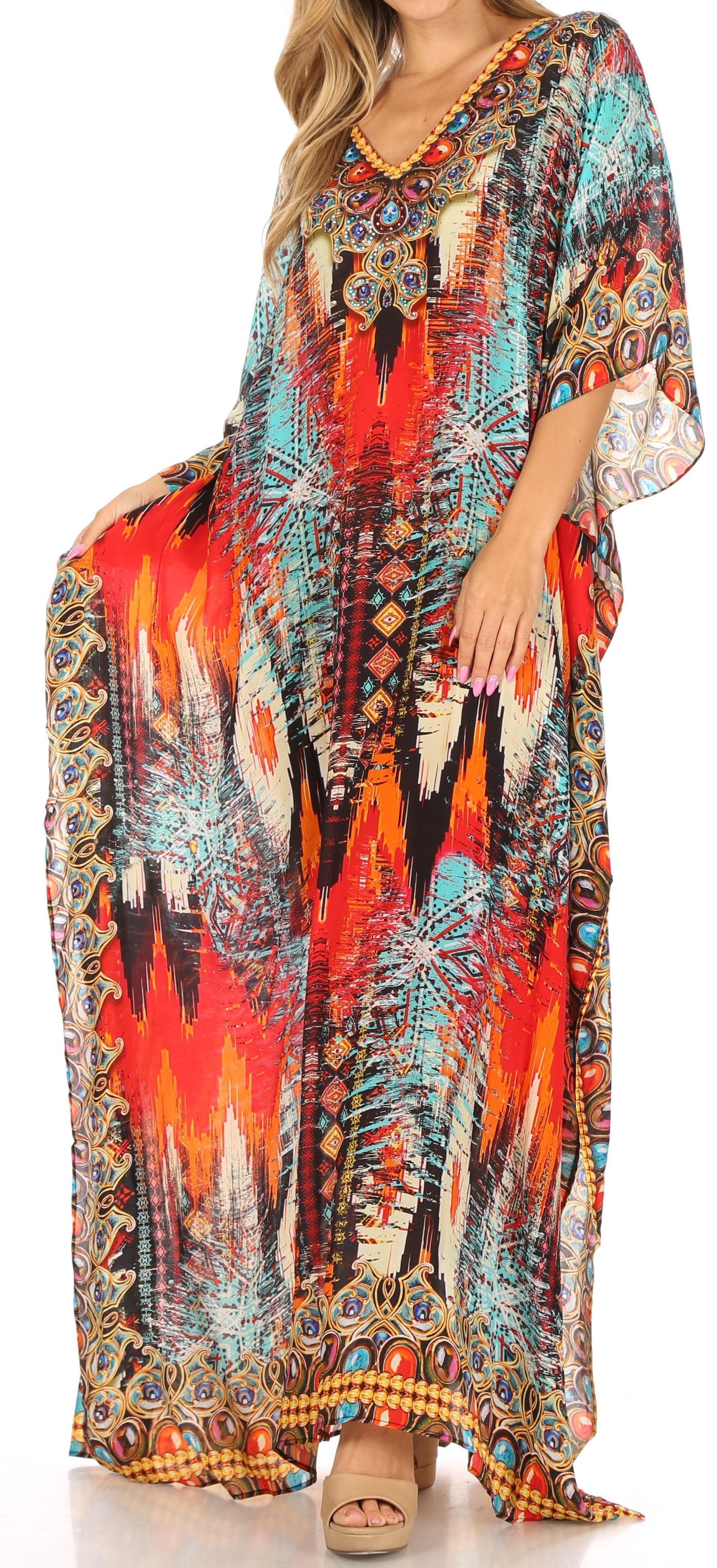 Sakkas Anahi Flowy Design V Neck Long Caftan Dress / Cover Up With Rhinestone - Concordia Style Boutique