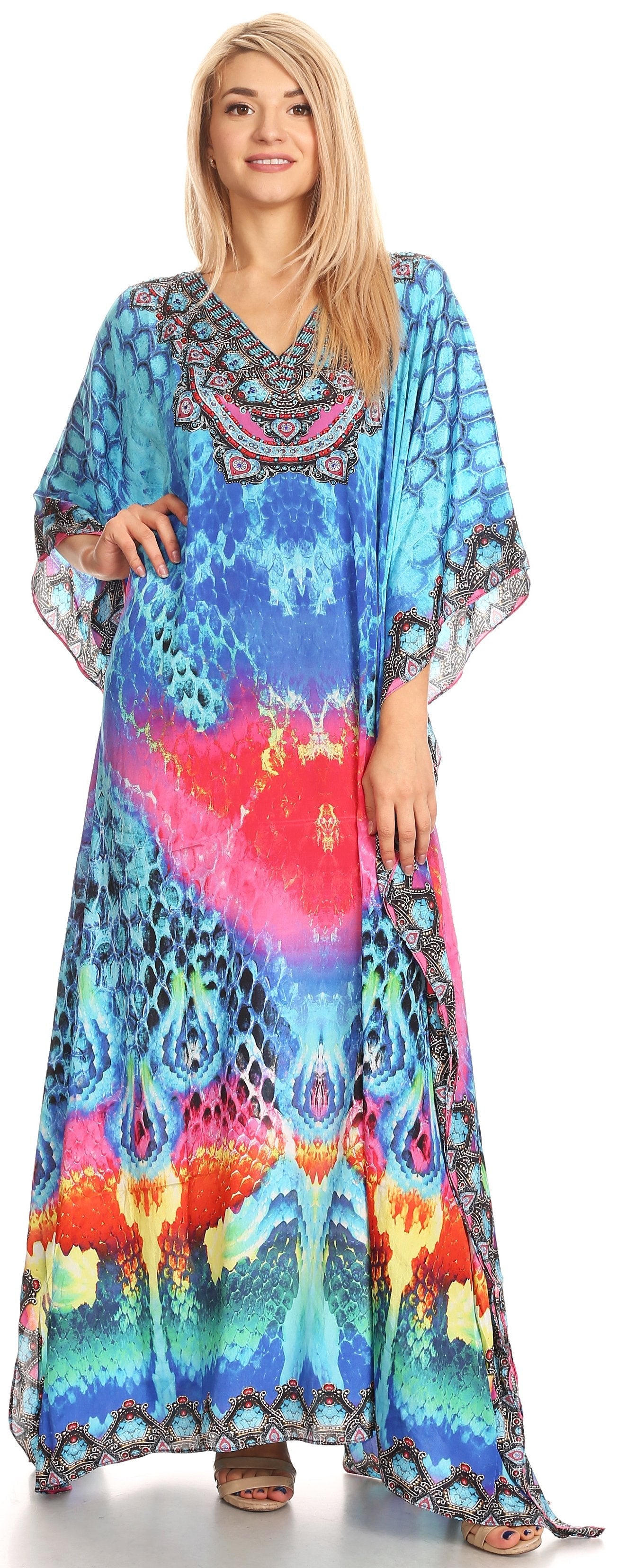 Sakkas Anahi Flowy Design V Neck Long Caftan Dress / Cover Up With Rhinestone - Concordia Style Boutique