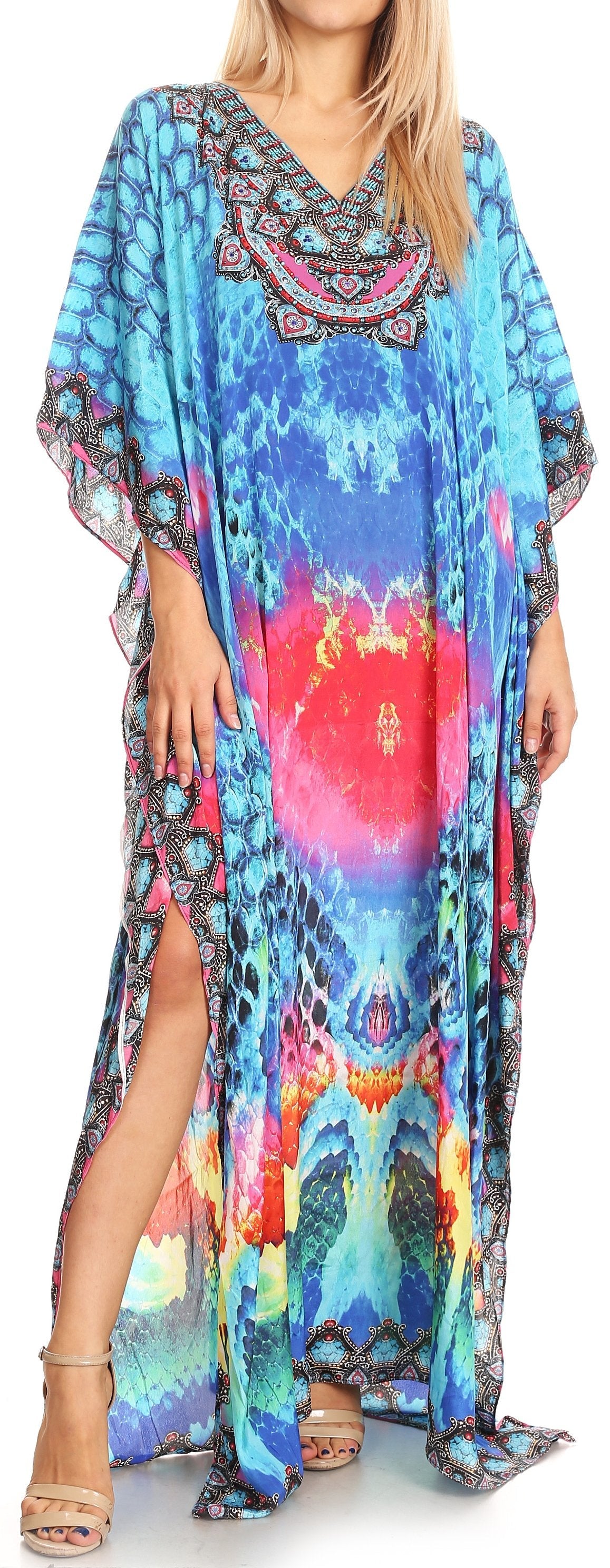 Sakkas Anahi Flowy Design V Neck Long Caftan Dress / Cover Up With Rhinestone - Concordia Style Boutique