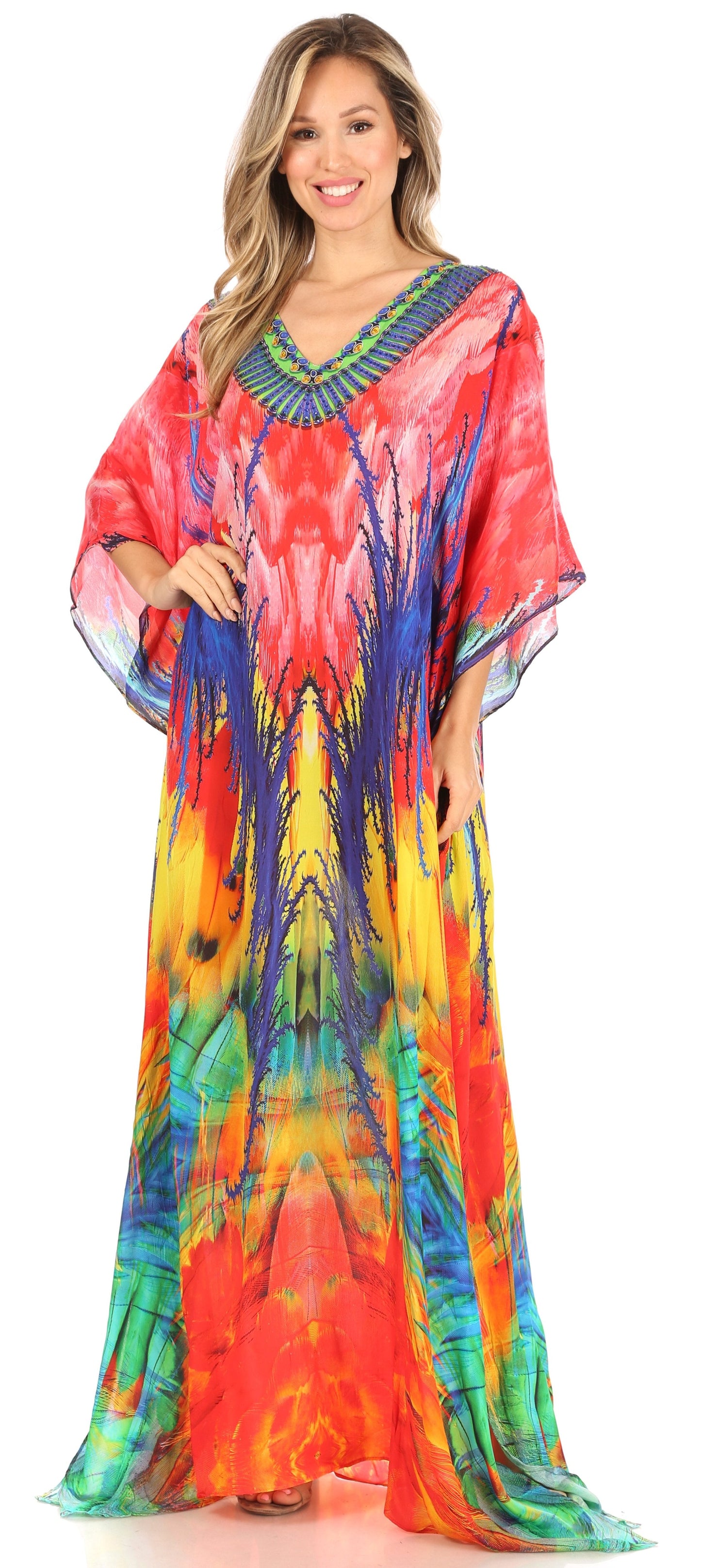 Sakkas Anahi Flowy Design V Neck Long Caftan Dress / Cover Up With Rhinestone - Concordia Style Boutique