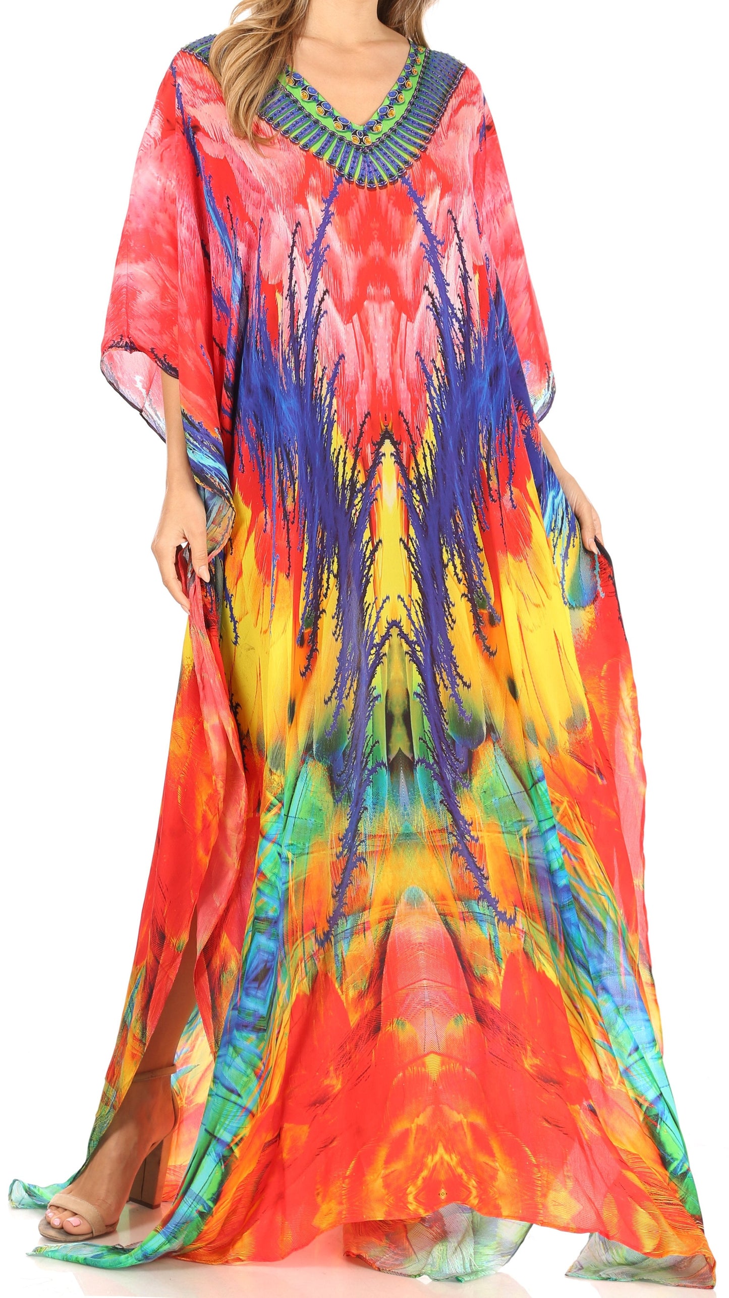 Sakkas Anahi Flowy Design V Neck Long Caftan Dress / Cover Up With Rhinestone - Concordia Style Boutique