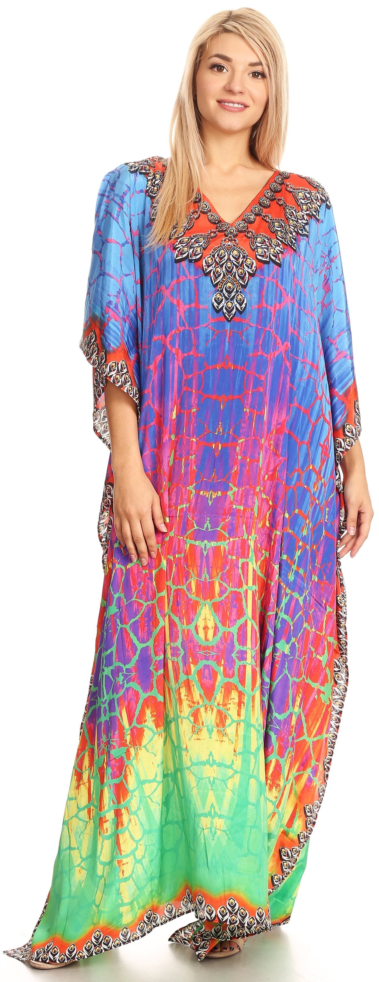 Sakkas Anahi Flowy Design V Neck Long Caftan Dress / Cover Up With Rhinestone - Concordia Style Boutique