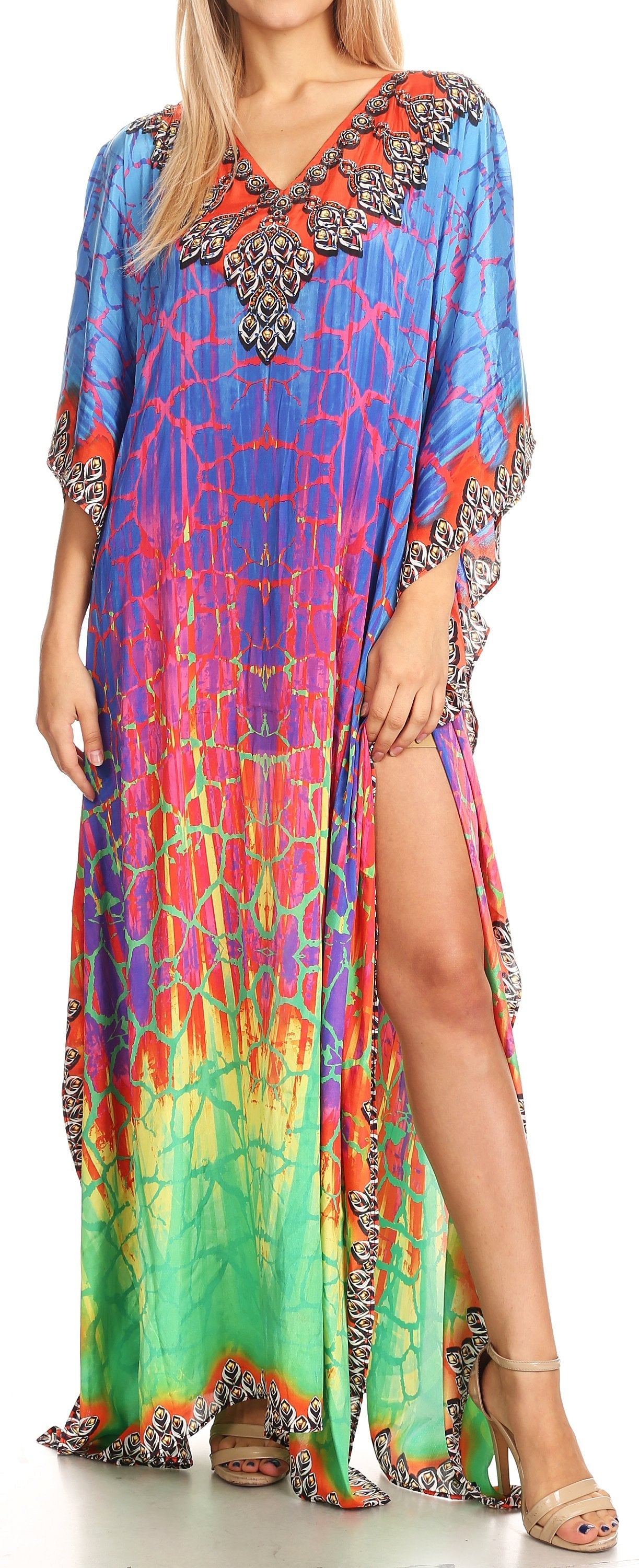 Sakkas Anahi Flowy Design V Neck Long Caftan Dress / Cover Up With Rhinestone - Concordia Style Boutique