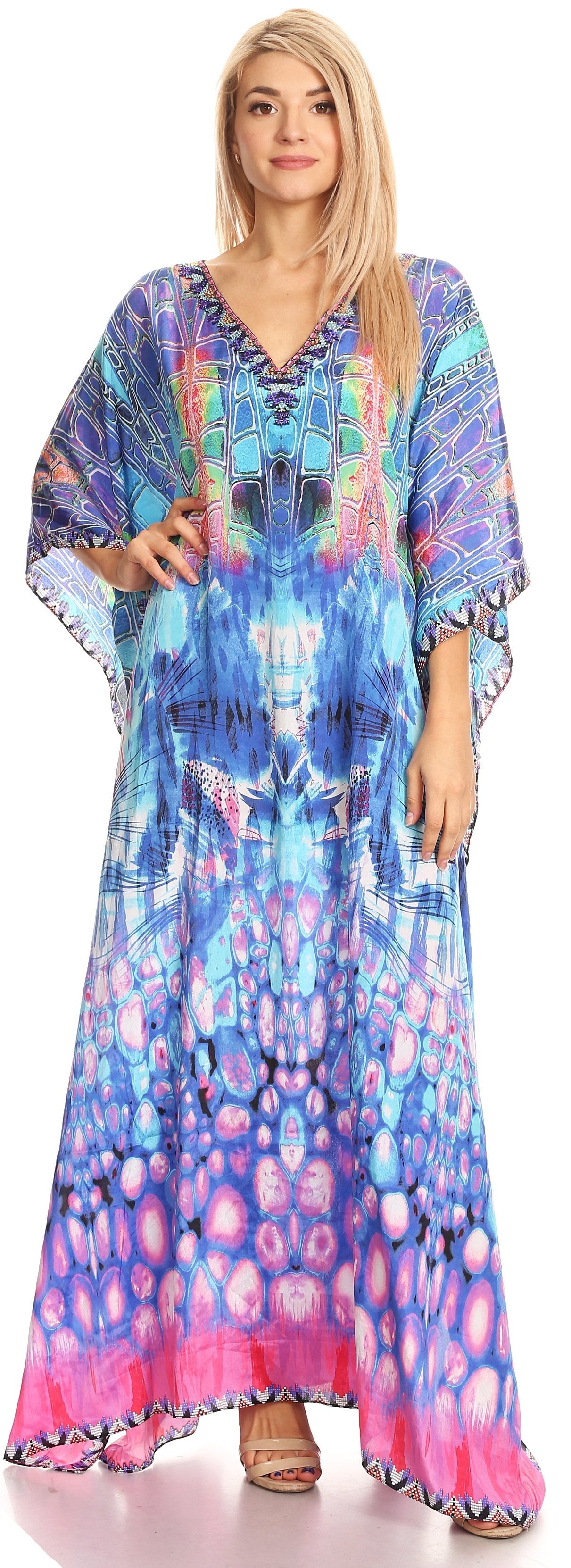 Sakkas Anahi Flowy Design V Neck Long Caftan Dress / Cover Up With Rhinestone - Concordia Style Boutique