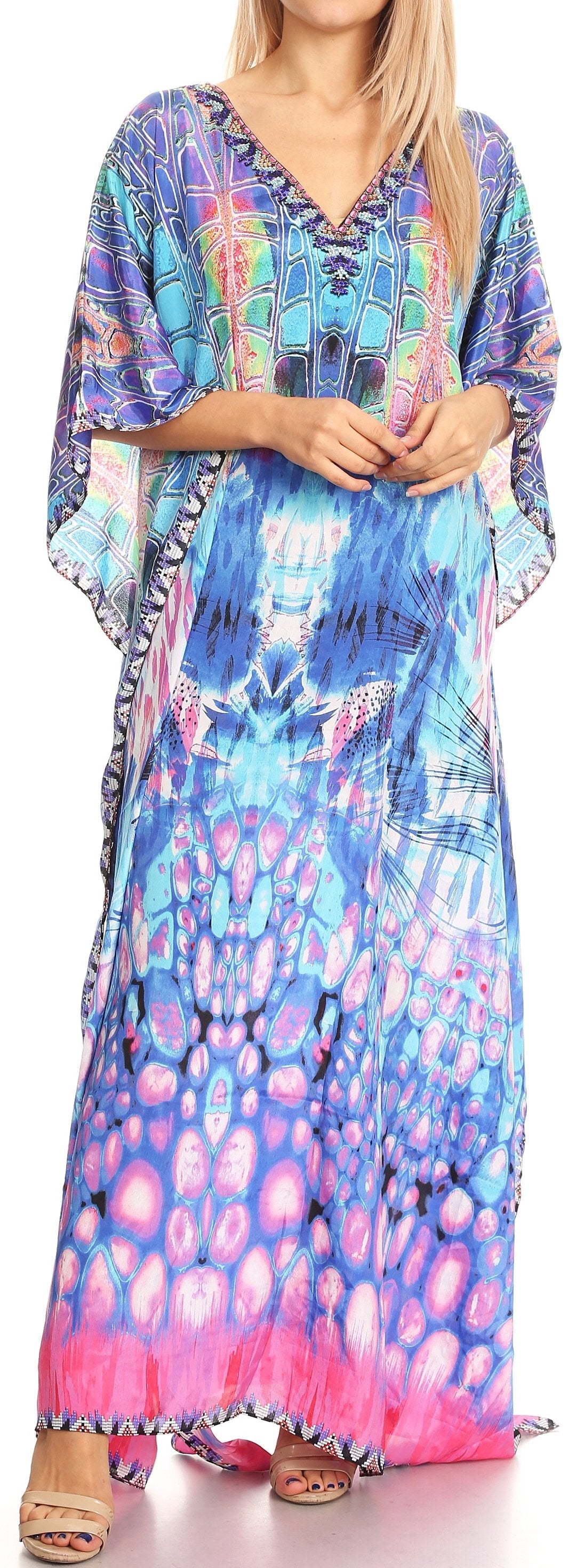 Sakkas Anahi Flowy Design V Neck Long Caftan Dress / Cover Up With Rhinestone - Concordia Style Boutique