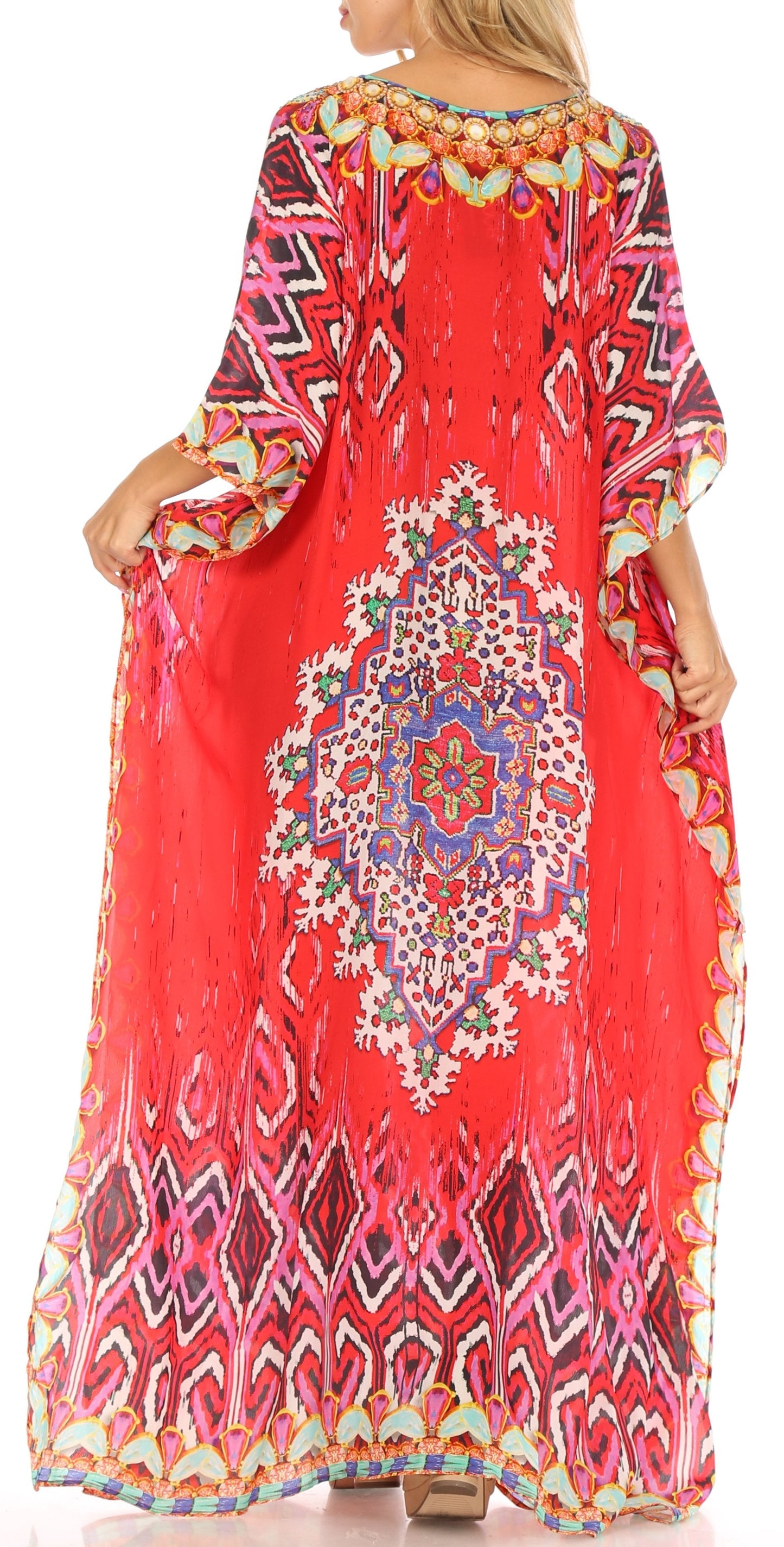 Sakkas Anahi Flowy Design V Neck Long Caftan Dress / Cover Up With Rhinestone - Concordia Style Boutique