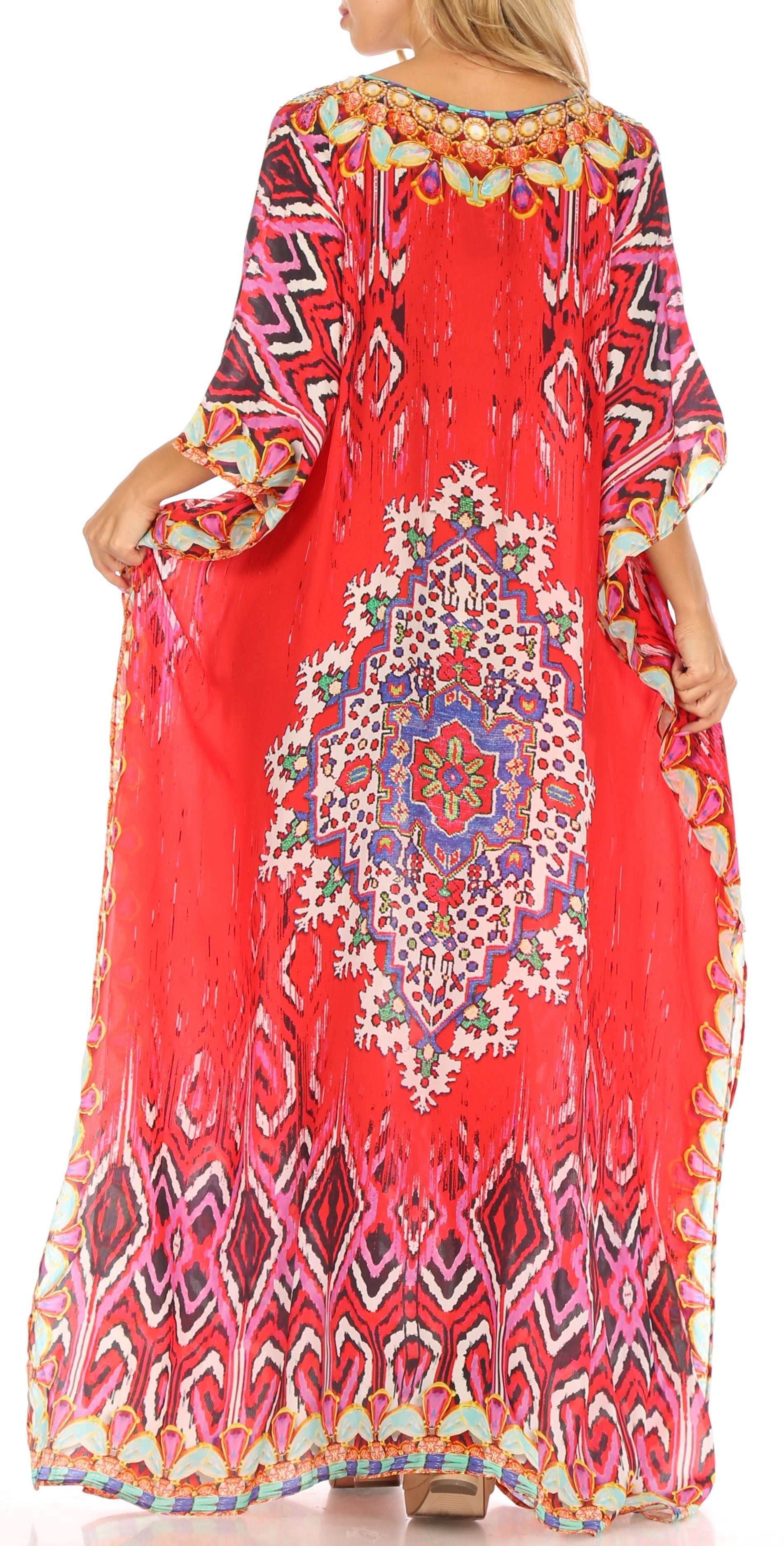 Sakkas Anahi Flowy Design V Neck Long Caftan Dress / Cover Up With Rhinestone - Concordia Style Boutique