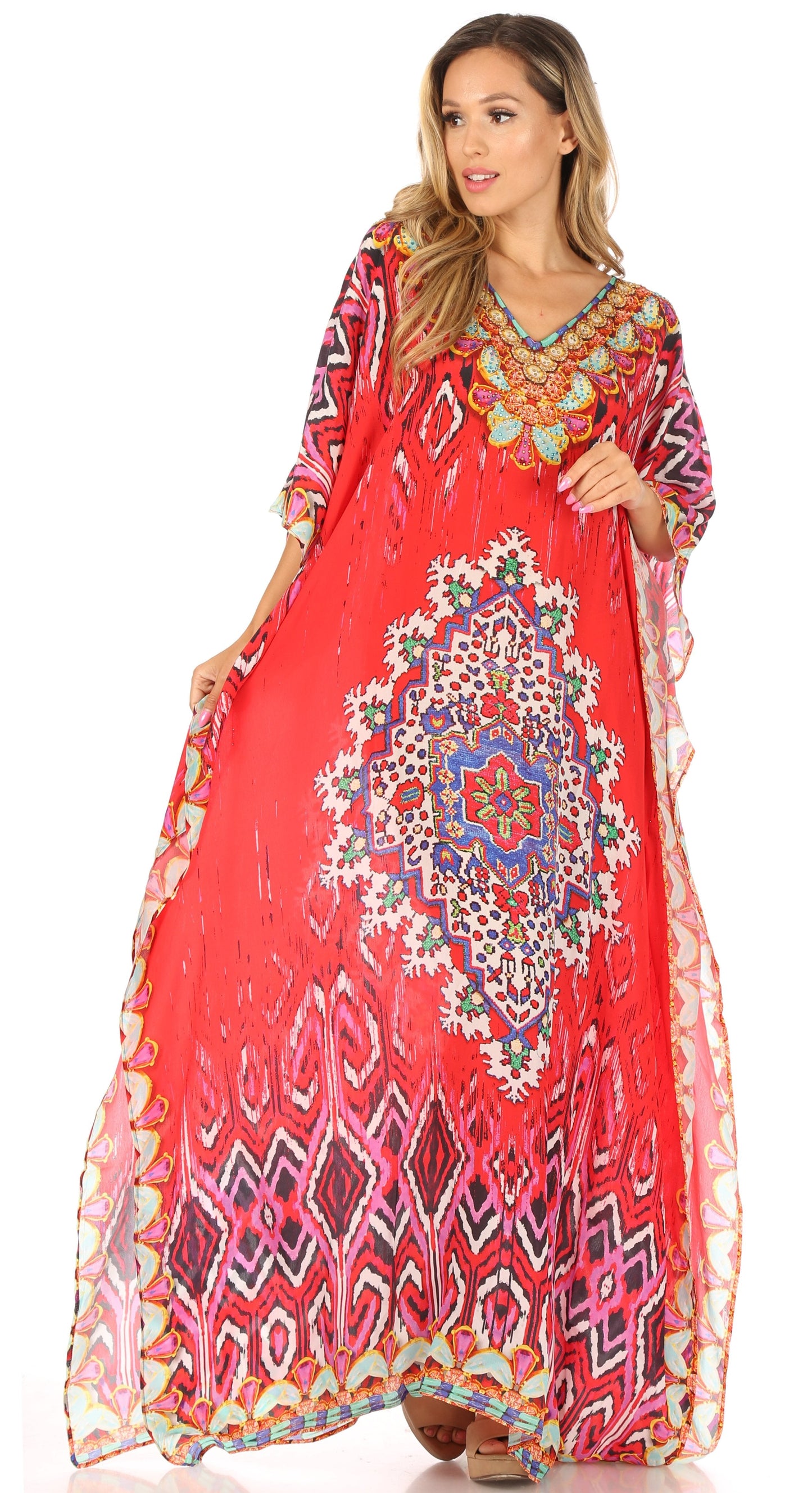 Sakkas Anahi Flowy Design V Neck Long Caftan Dress / Cover Up With Rhinestone - Concordia Style Boutique