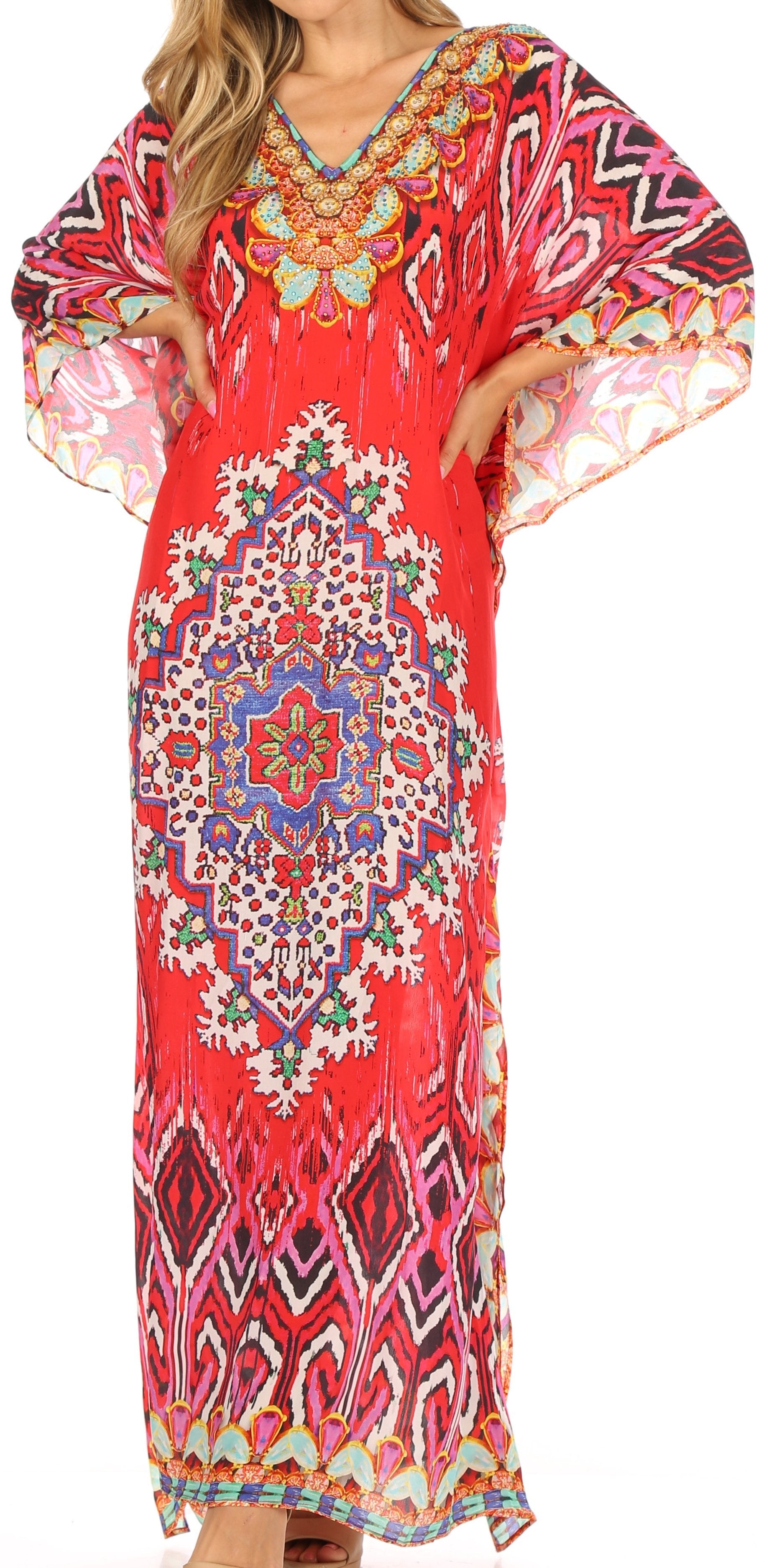 Sakkas Anahi Flowy Design V Neck Long Caftan Dress / Cover Up With Rhinestone - Concordia Style Boutique