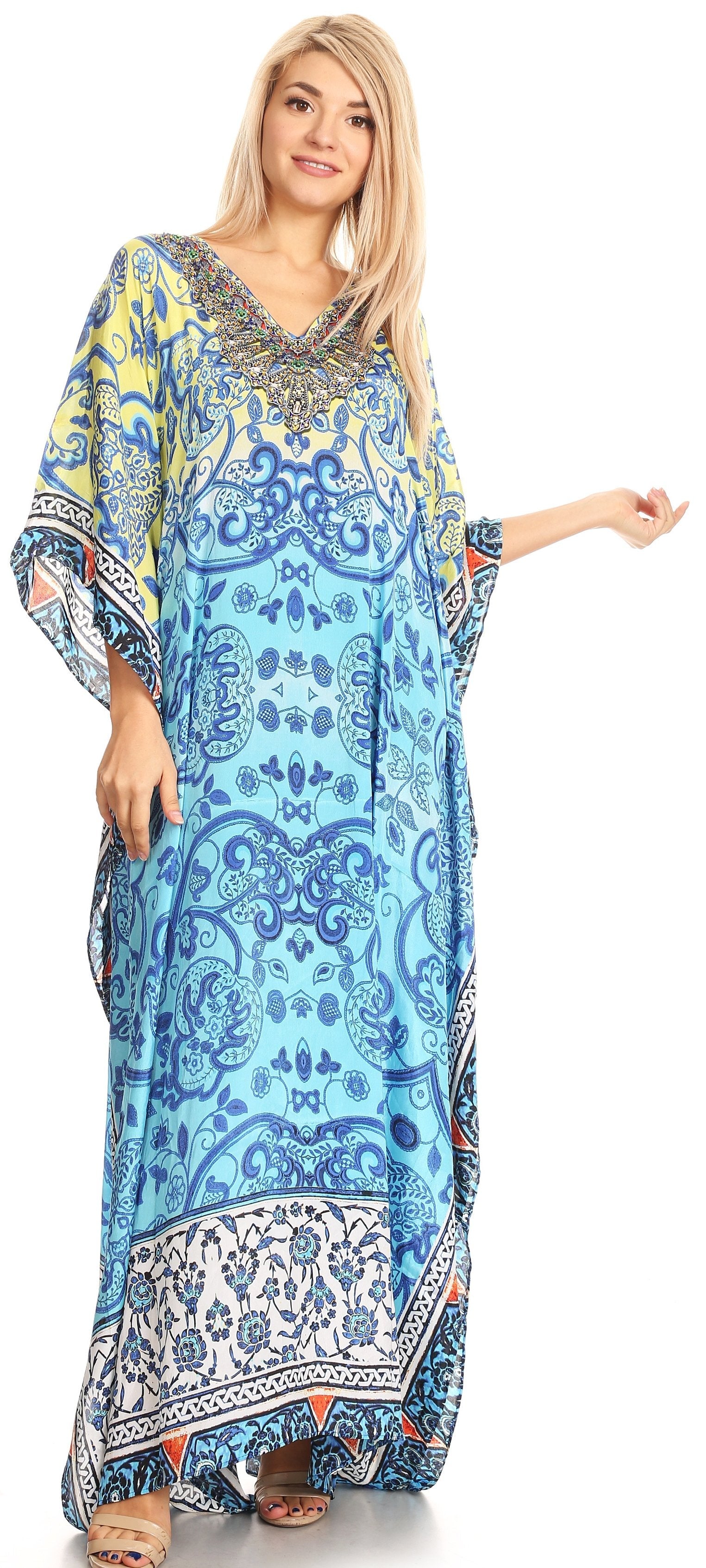 Sakkas Anahi Flowy Design V Neck Long Caftan Dress / Cover Up With Rhinestone - Concordia Style Boutique
