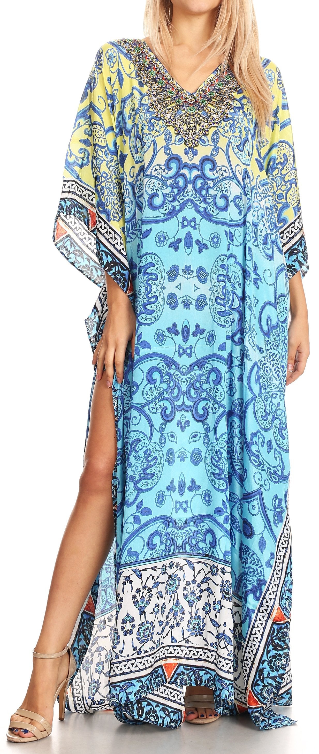 Sakkas Anahi Flowy Design V Neck Long Caftan Dress / Cover Up With Rhinestone - Concordia Style Boutique