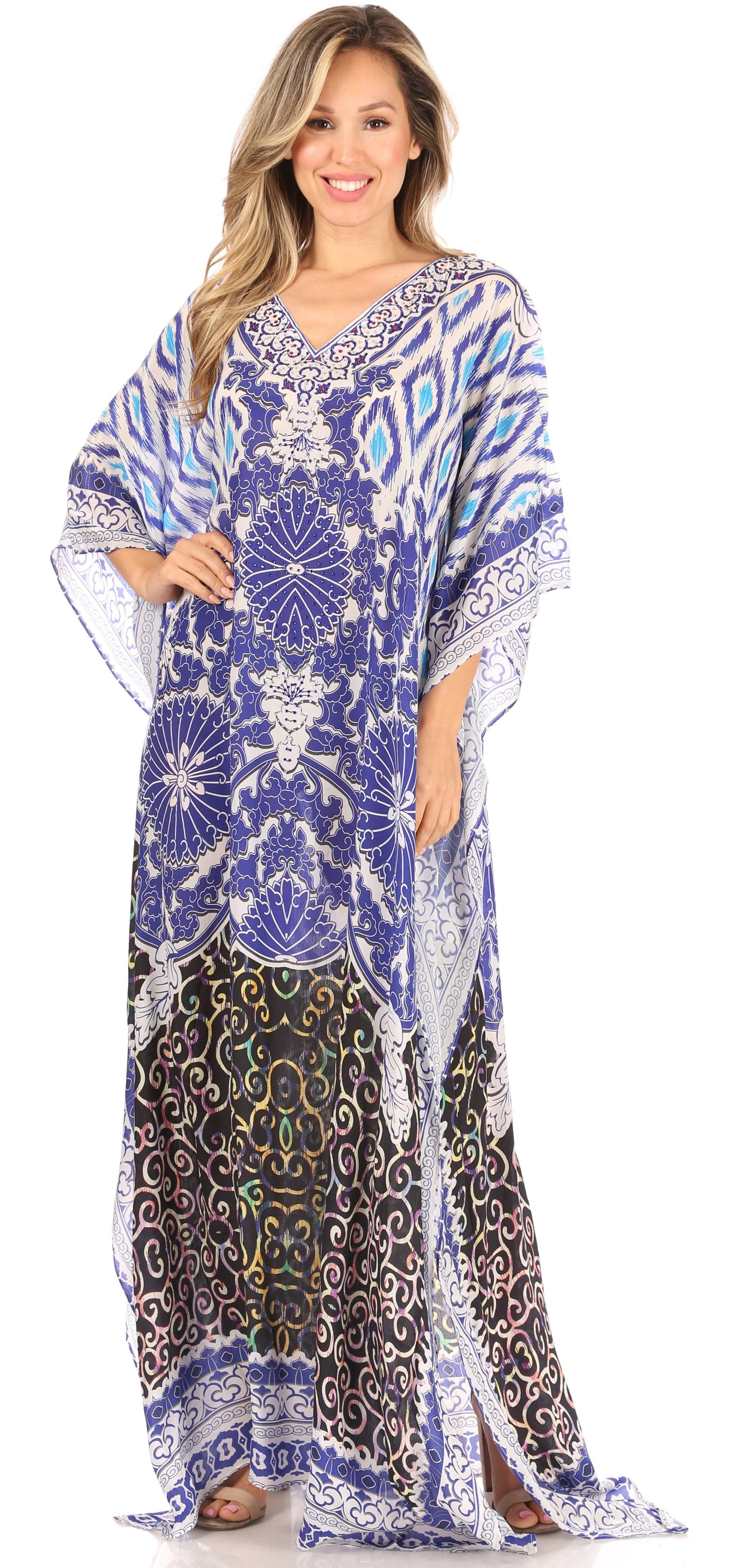 Sakkas Anahi Flowy Design V Neck Long Caftan Dress / Cover Up With Rhinestone - Concordia Style Boutique