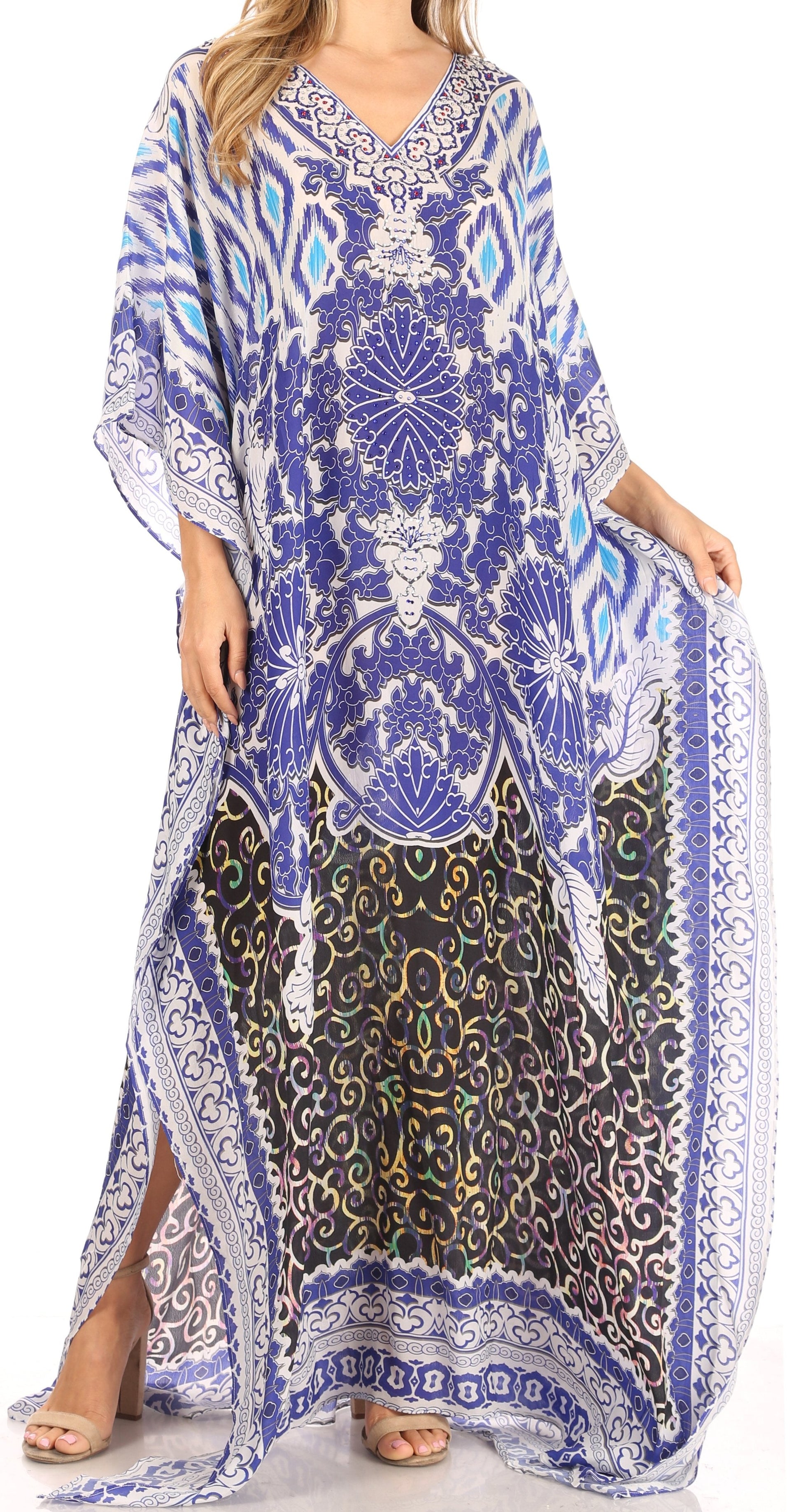 Sakkas Anahi Flowy Design V Neck Long Caftan Dress / Cover Up With Rhinestone - Concordia Style Boutique