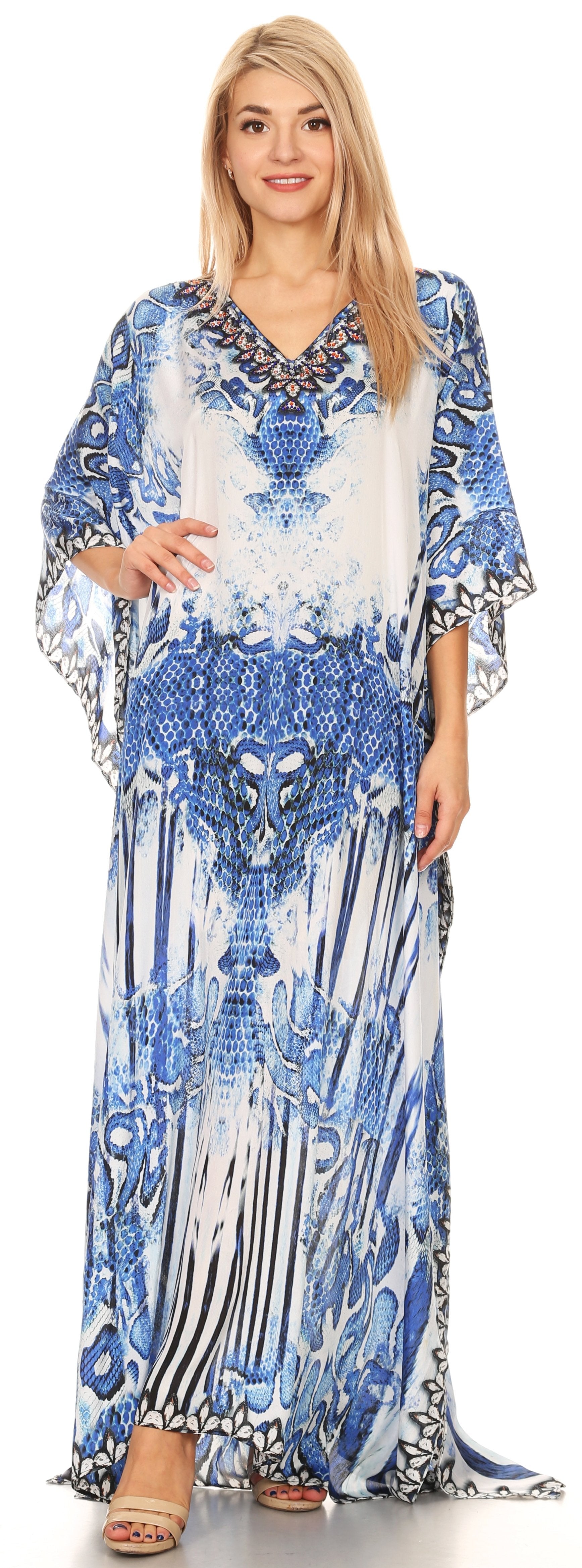 Sakkas Anahi Flowy Design V Neck Long Caftan Dress / Cover Up With Rhinestone - Concordia Style Boutique