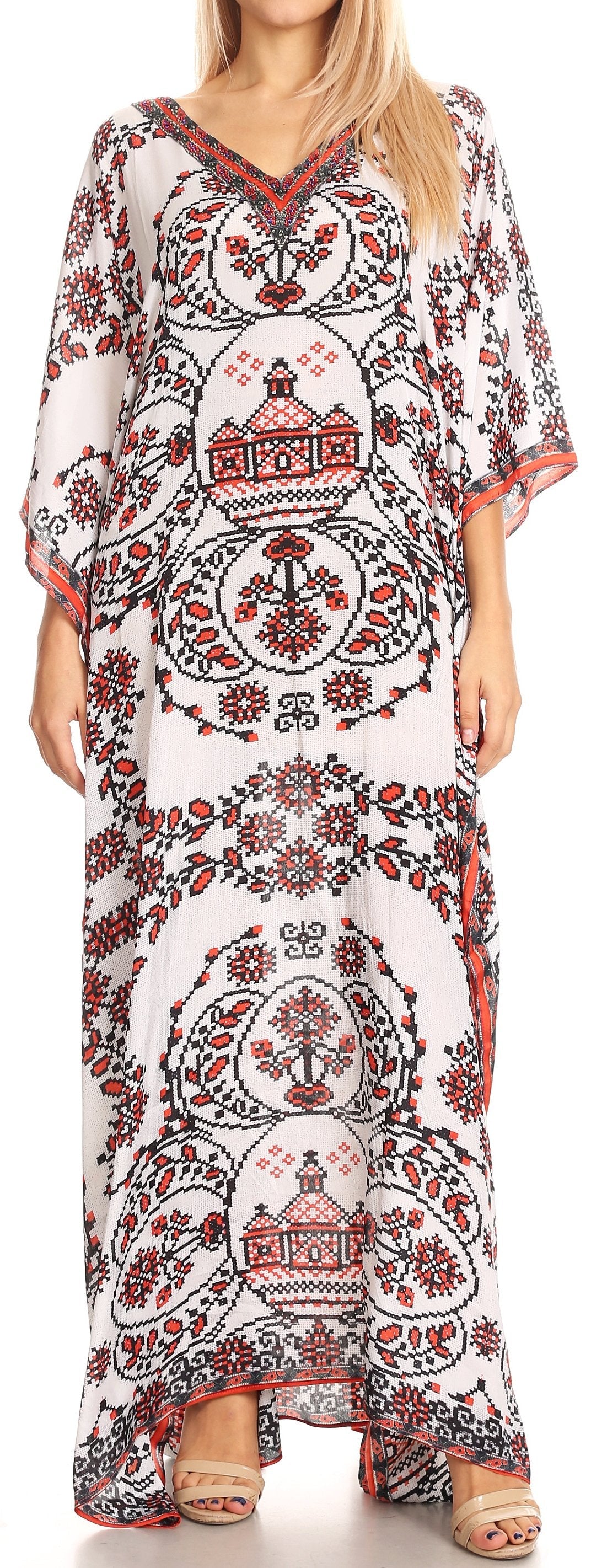 Sakkas Anahi Flowy Design V Neck Long Caftan Dress / Cover Up With Rhinestone - Concordia Style Boutique