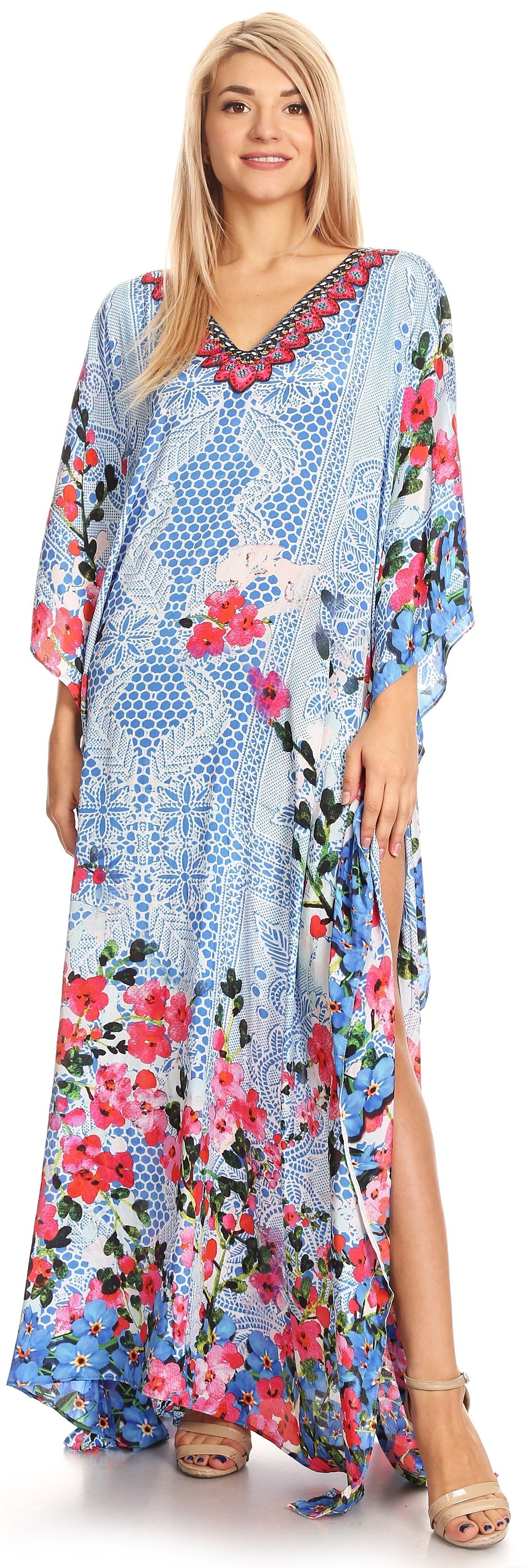 Sakkas Anahi Flowy Design V Neck Long Caftan Dress / Cover Up With Rhinestone - Concordia Style Boutique