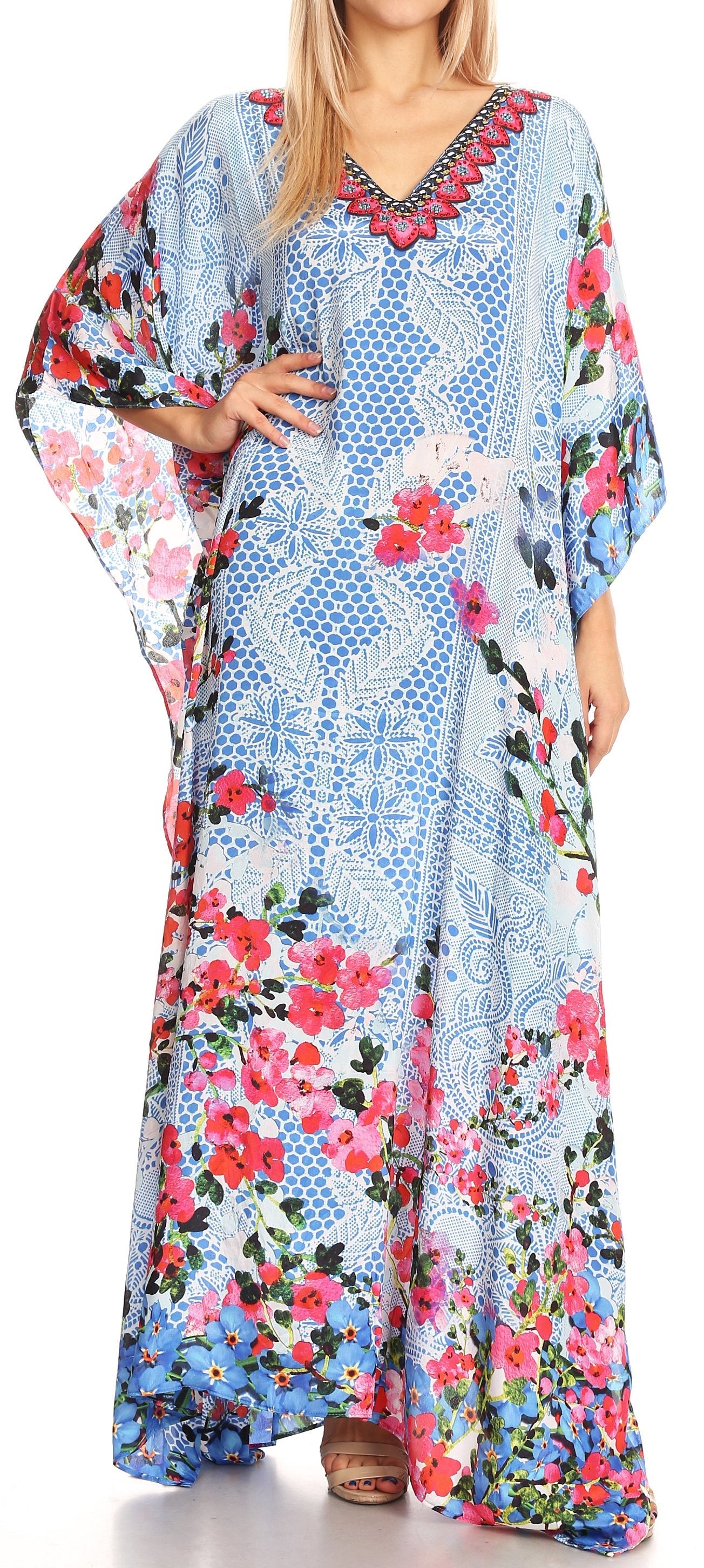 Sakkas Anahi Flowy Design V Neck Long Caftan Dress / Cover Up With Rhinestone - Concordia Style Boutique