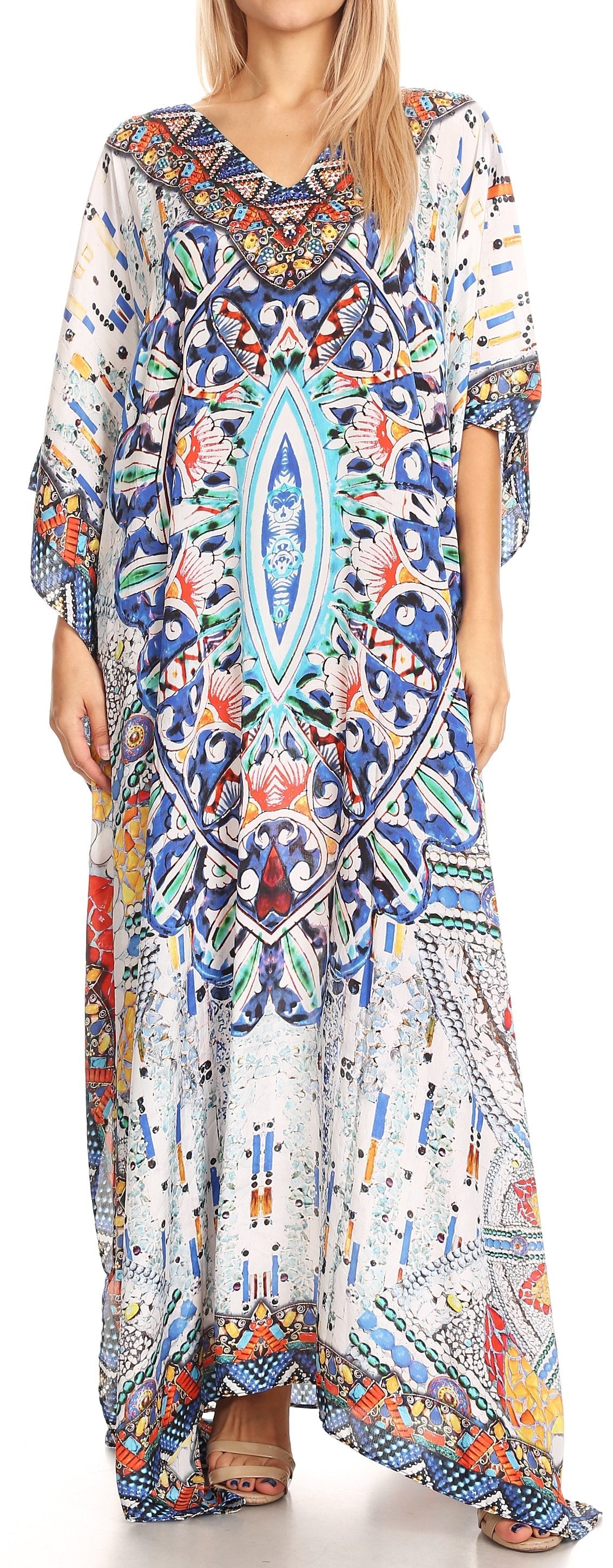 Sakkas Anahi Flowy Design V Neck Long Caftan Dress / Cover Up With Rhinestone - Concordia Style Boutique
