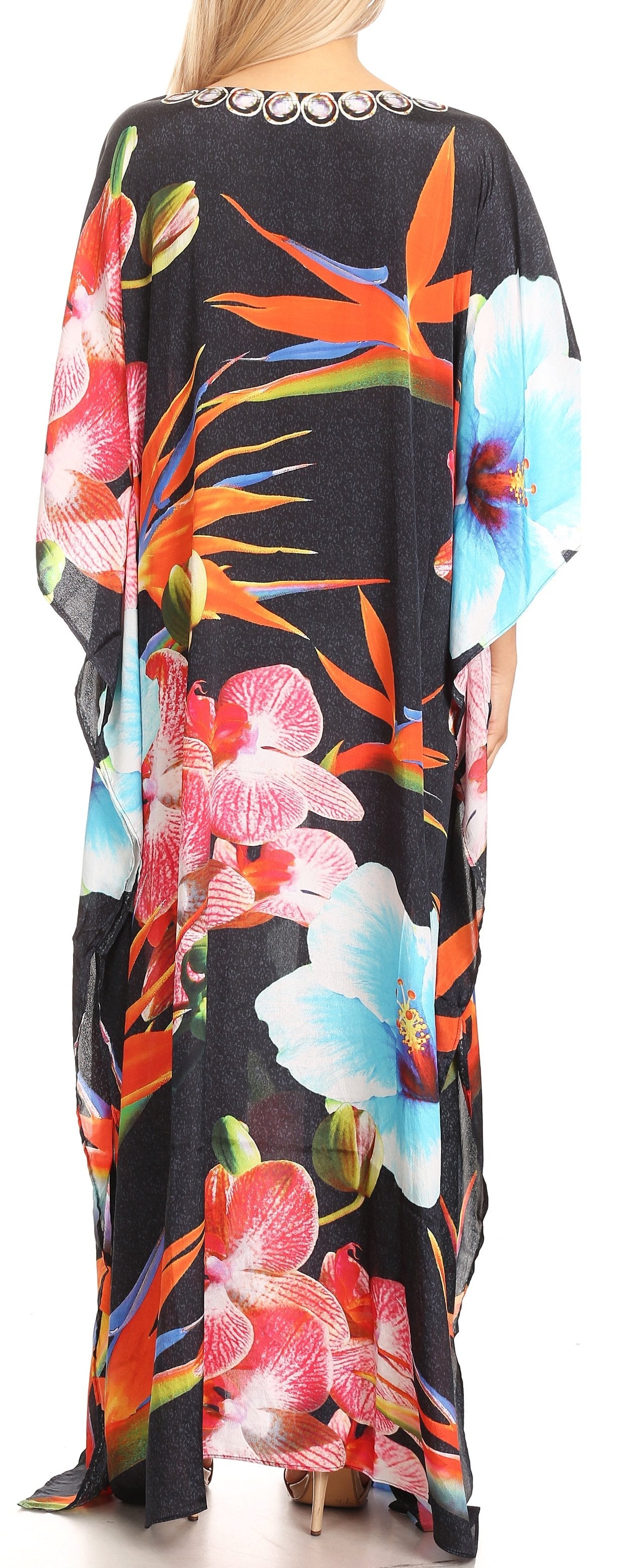 Sakkas Anahi Flowy Design V Neck Long Caftan Dress / Cover Up With Rhinestone - Concordia Style Boutique