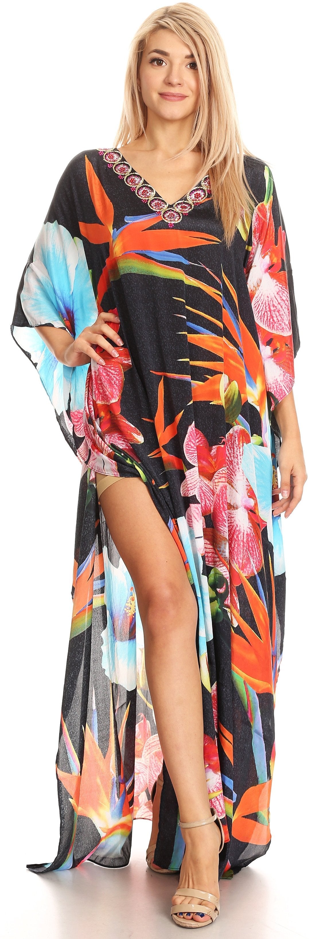 Sakkas Anahi Flowy Design V Neck Long Caftan Dress / Cover Up With Rhinestone - Concordia Style Boutique