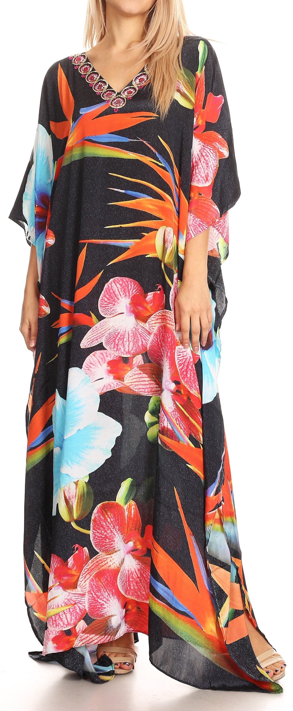 Sakkas Anahi Flowy Design V Neck Long Caftan Dress / Cover Up With Rhinestone - Concordia Style Boutique