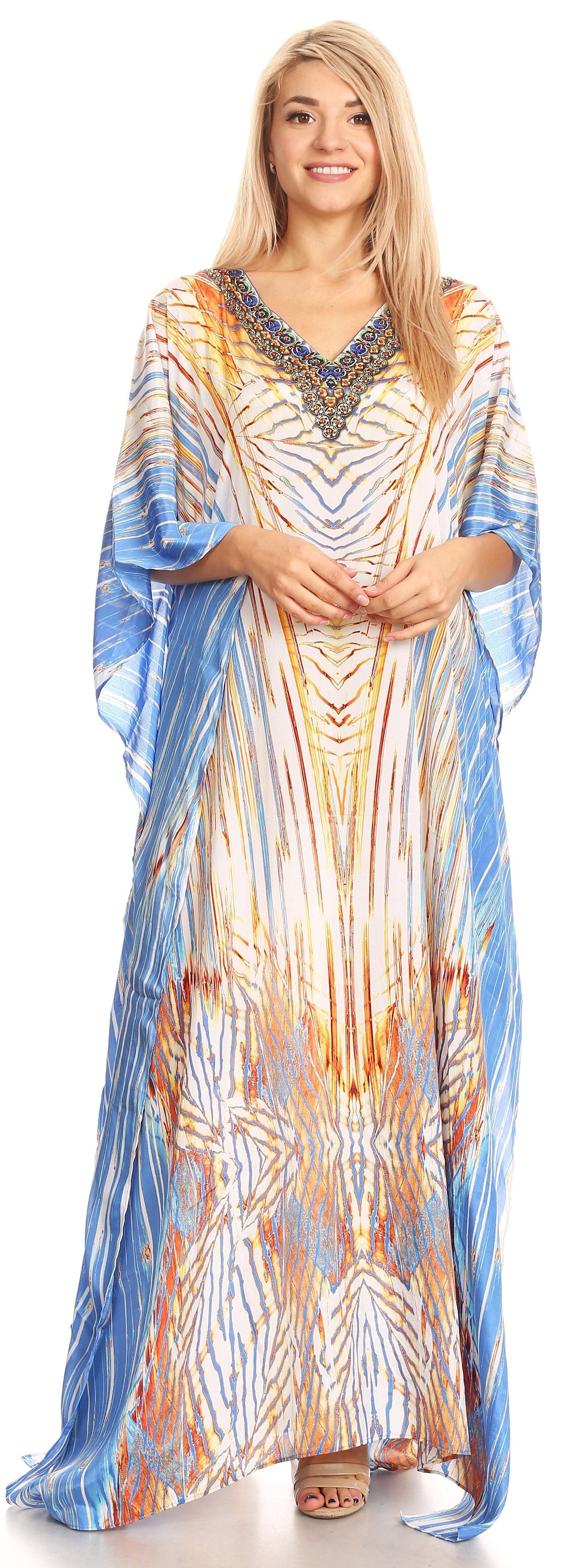 Sakkas Anahi Flowy Design V Neck Long Caftan Dress / Cover Up With Rhinestone - Concordia Style Boutique