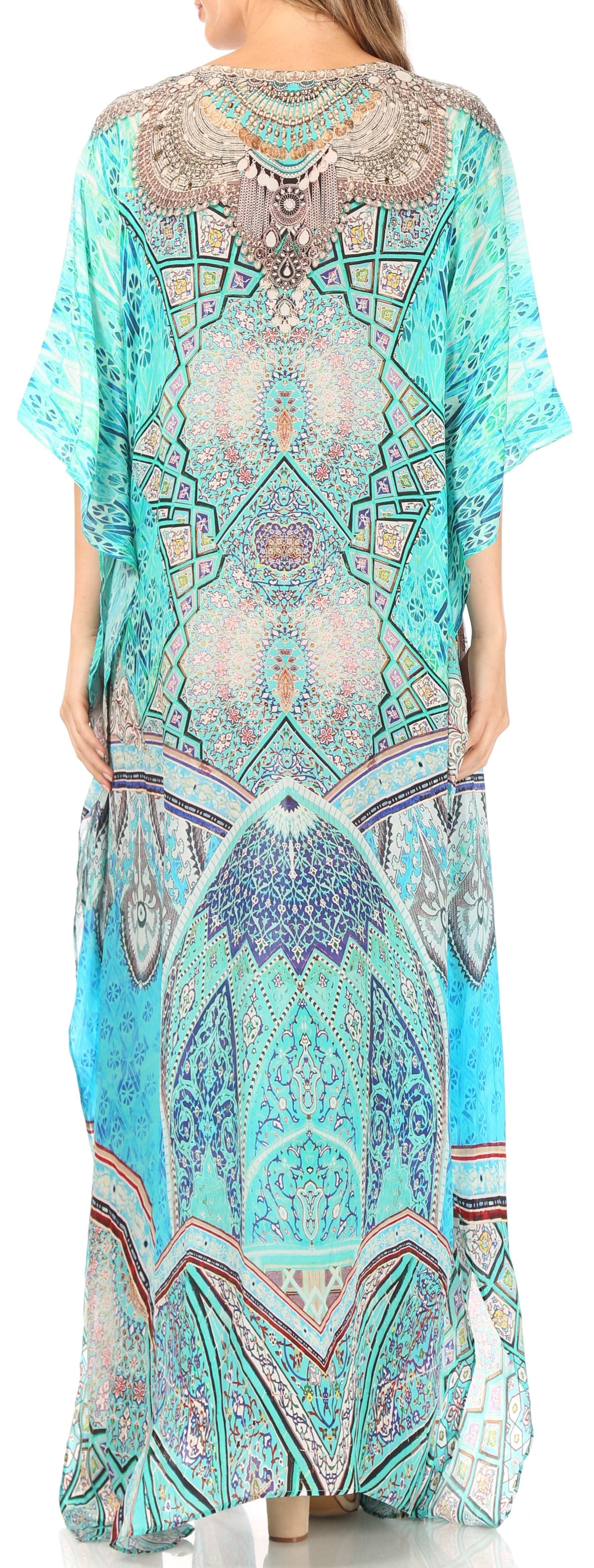 Sakkas Anahi Flowy Design V Neck Long Caftan Dress / Cover Up With Rhinestone - Concordia Style Boutique