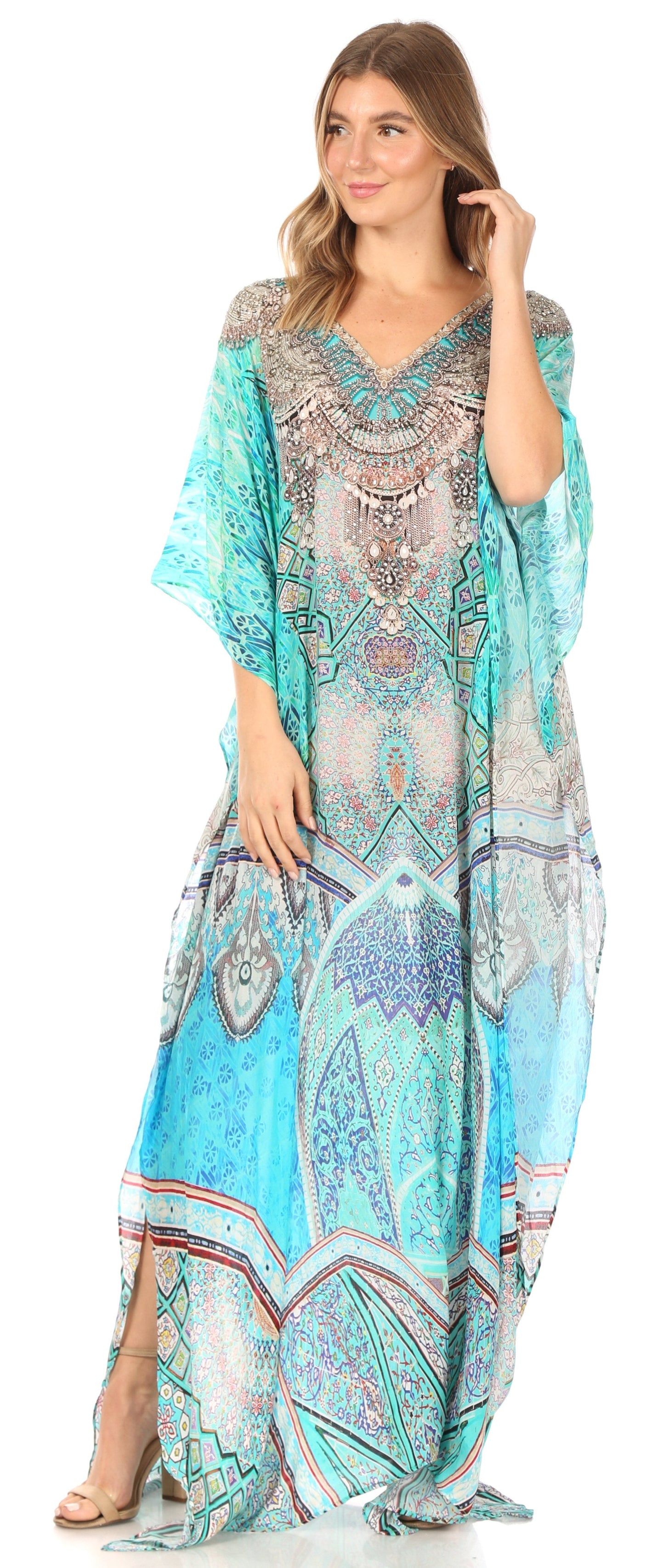 Sakkas Anahi Flowy Design V Neck Long Caftan Dress / Cover Up With Rhinestone - Concordia Style Boutique