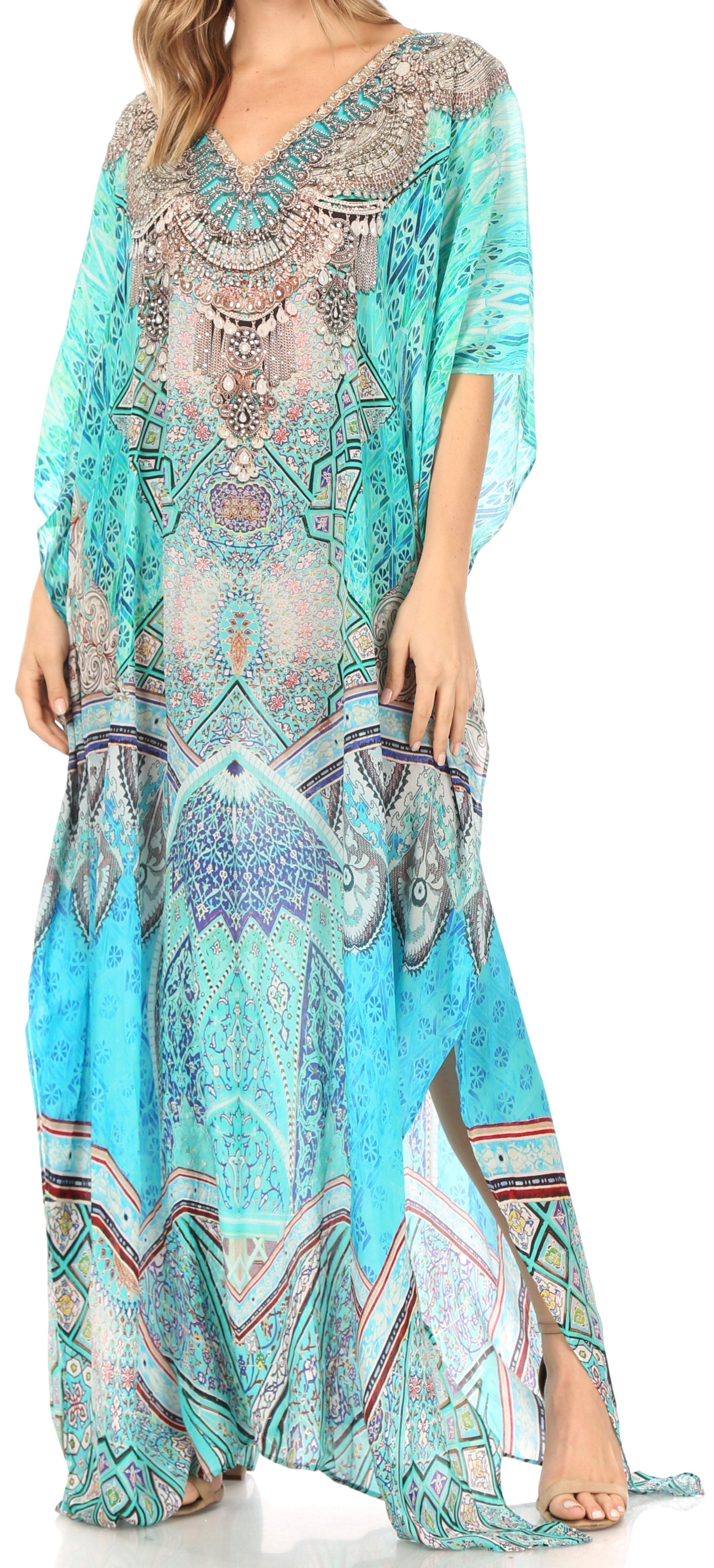 Sakkas Anahi Flowy Design V Neck Long Caftan Dress / Cover Up With Rhinestone - Concordia Style Boutique