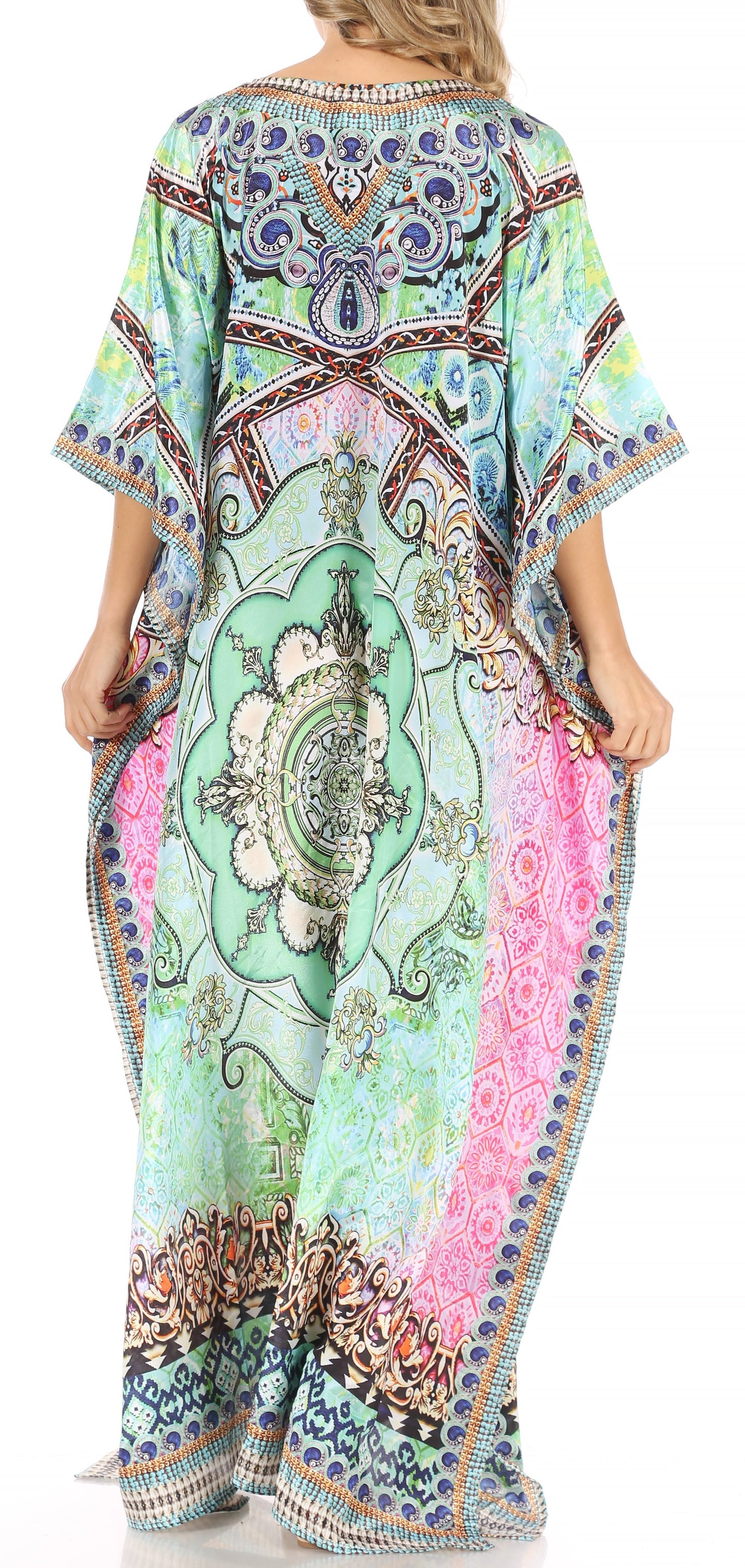 Sakkas Anahi Flowy Design V Neck Long Caftan Dress / Cover Up With Rhinestone - Concordia Style Boutique